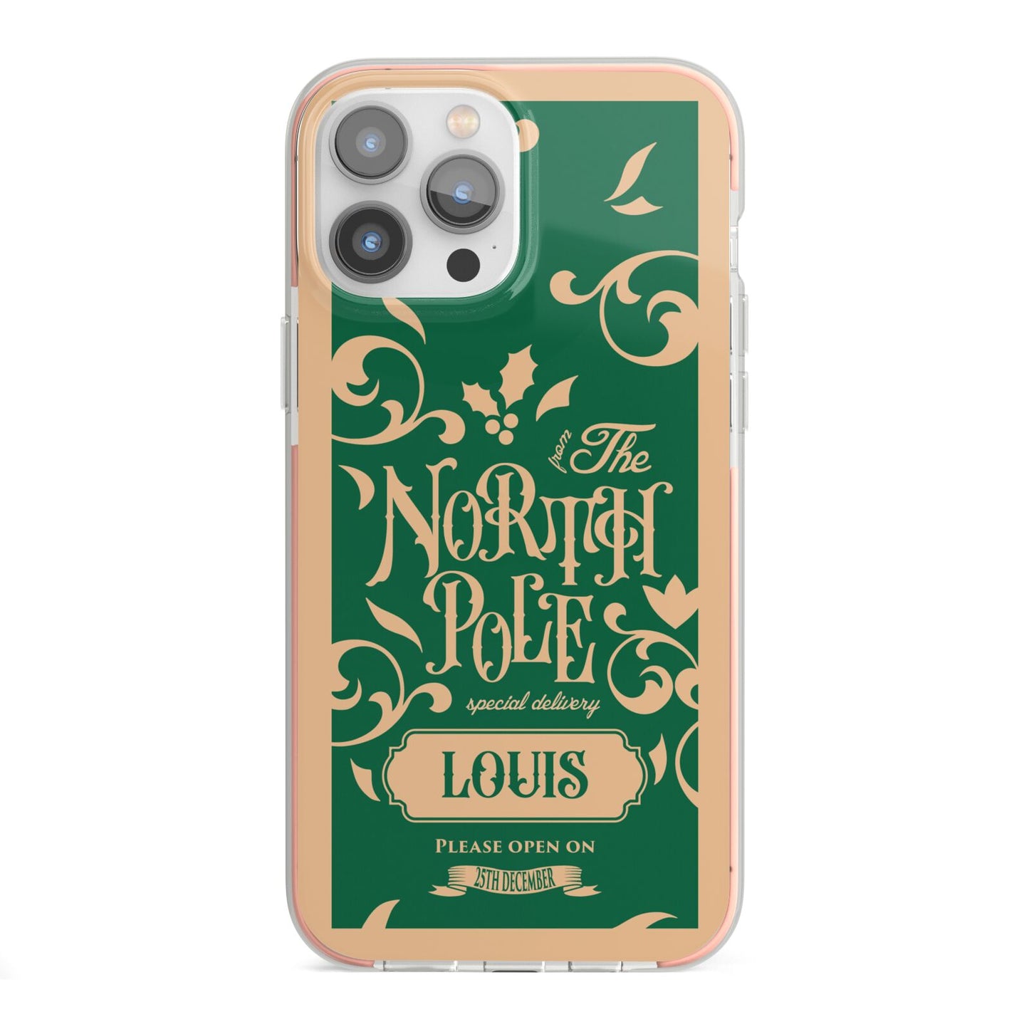 Personalised Green North Pole iPhone 13 Pro Max TPU Impact Case with Pink Edges