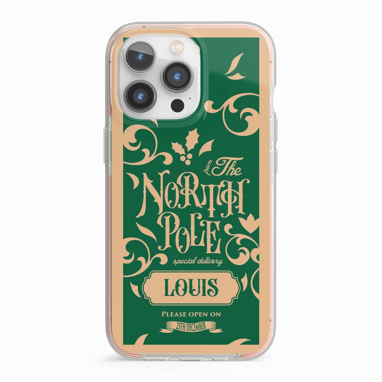 Personalised Green North Pole iPhone 13 Pro TPU Impact Case with Pink Edges