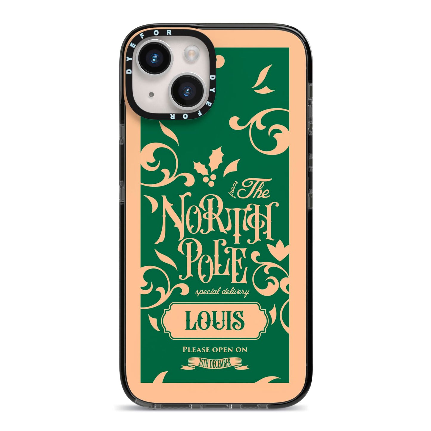 Personalised Green North Pole iPhone 14 Black Impact Case on Silver phone