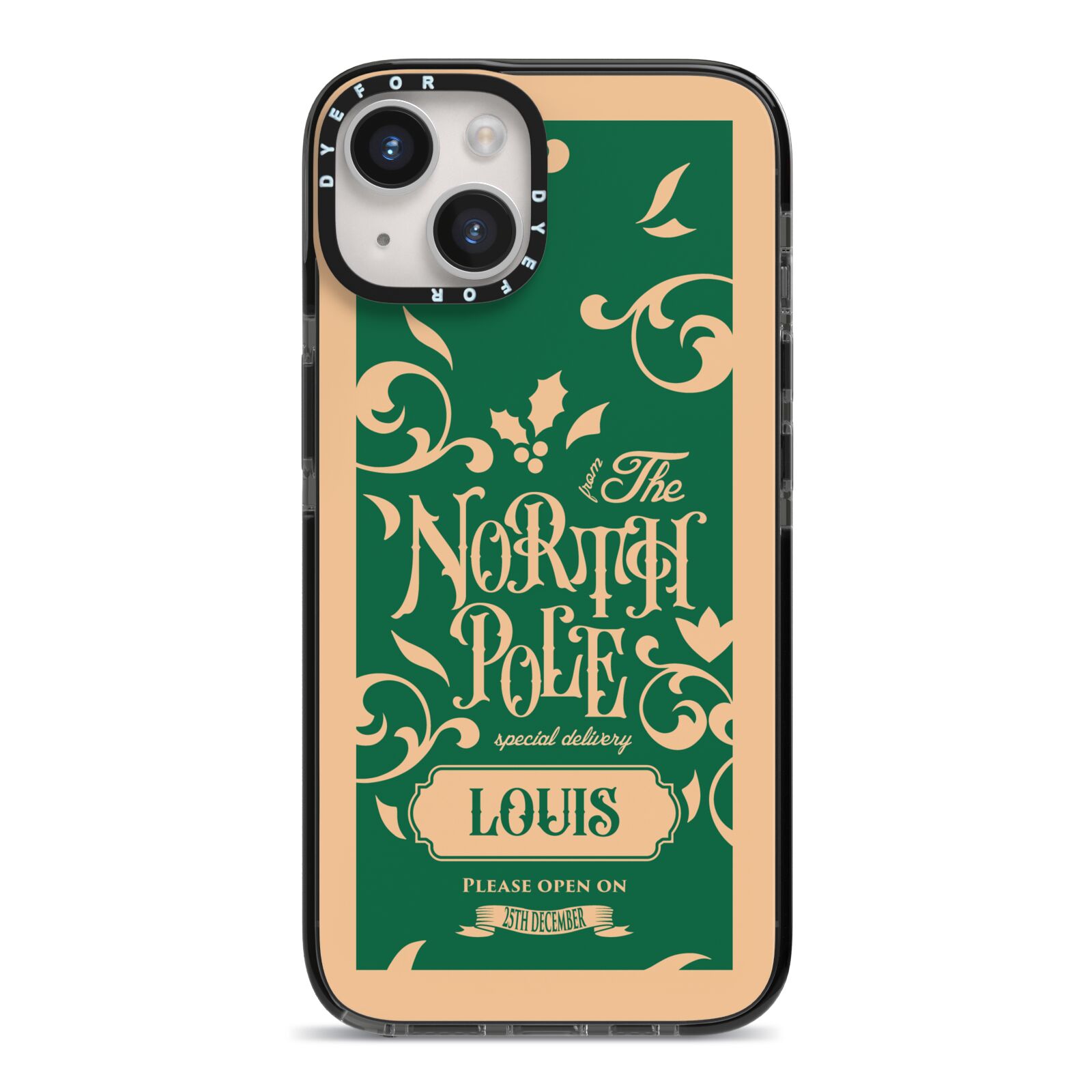 Personalised Green North Pole iPhone 14 Black Impact Case on Silver phone