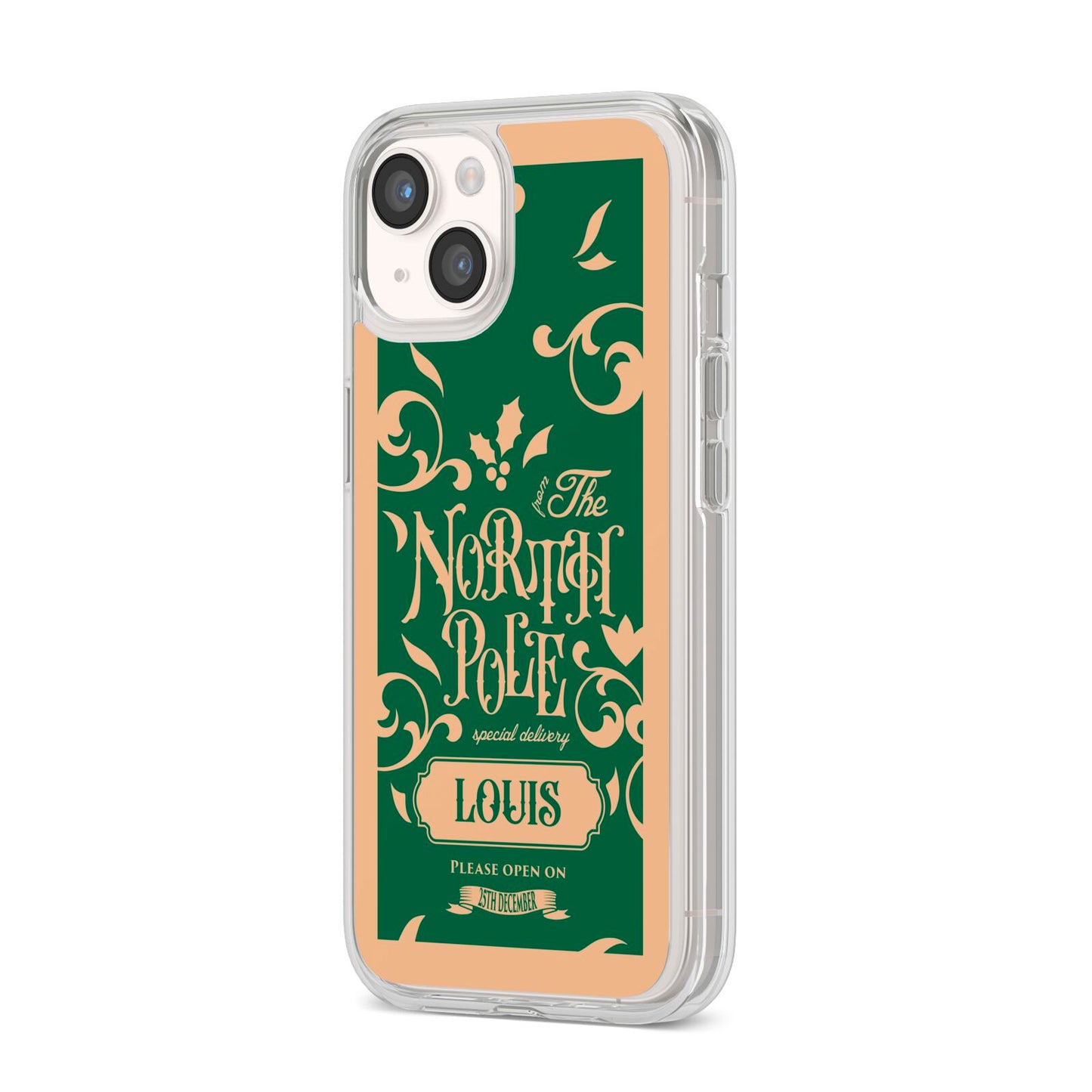 Personalised Green North Pole iPhone 14 Clear Tough Case Starlight Angled Image