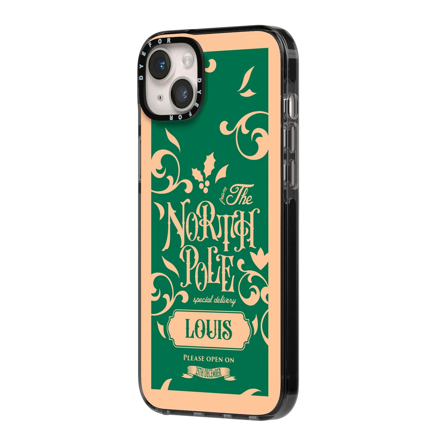 Personalised Green North Pole iPhone 14 Plus Black Impact Case Side Angle on Silver phone