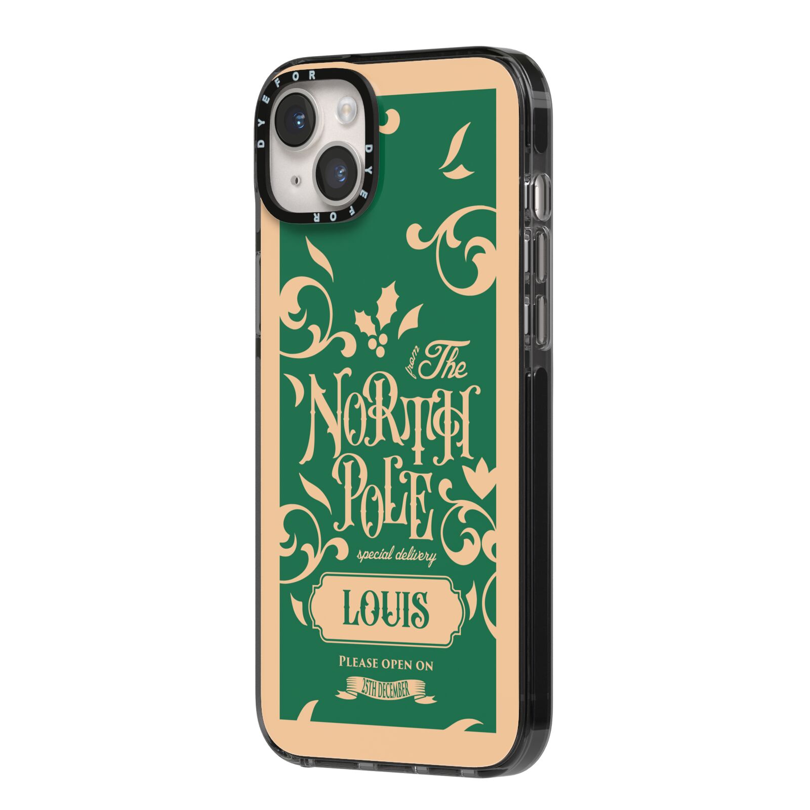 Personalised Green North Pole iPhone 14 Plus Black Impact Case Side Angle on Silver phone