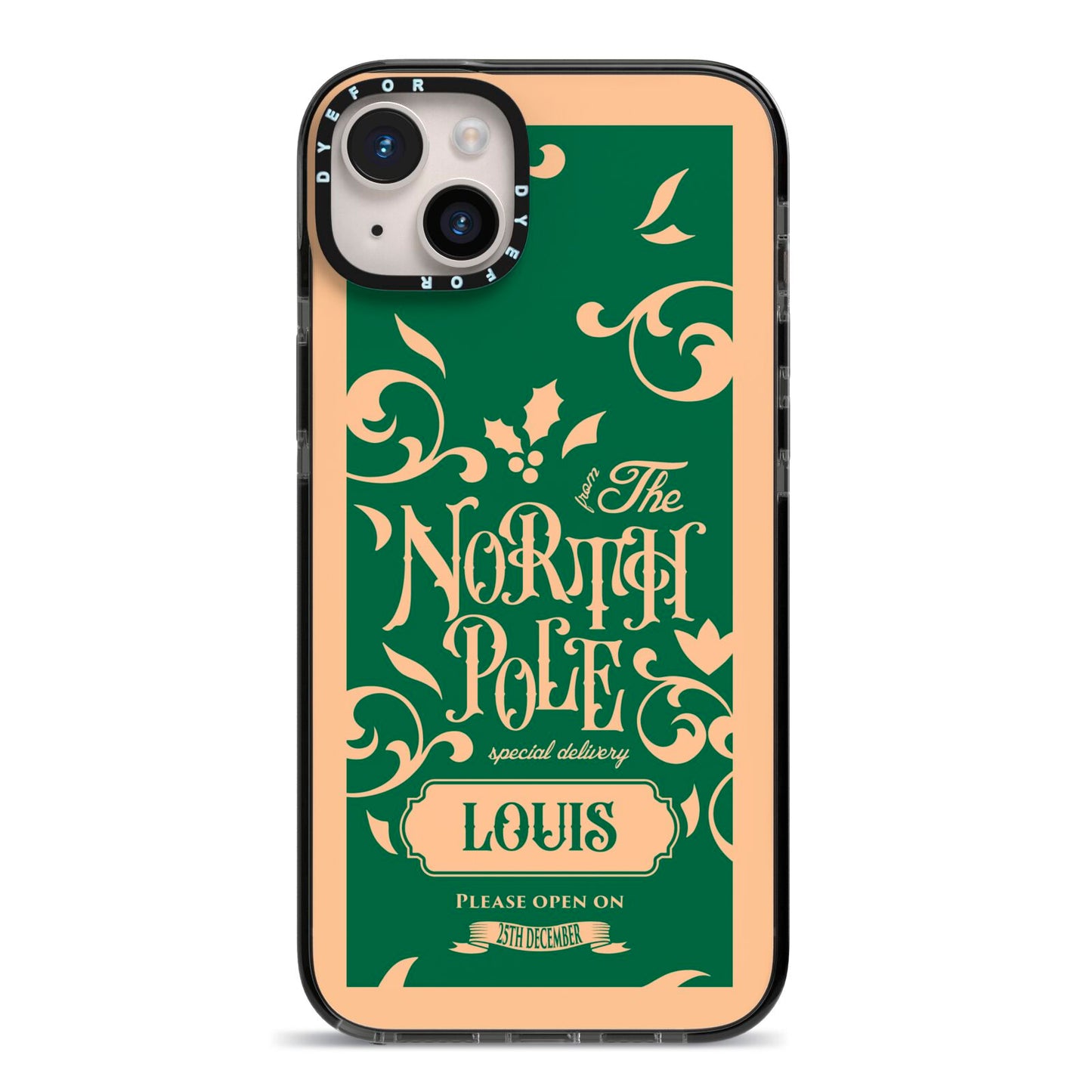 Personalised Green North Pole iPhone 14 Plus Black Impact Case on Silver phone