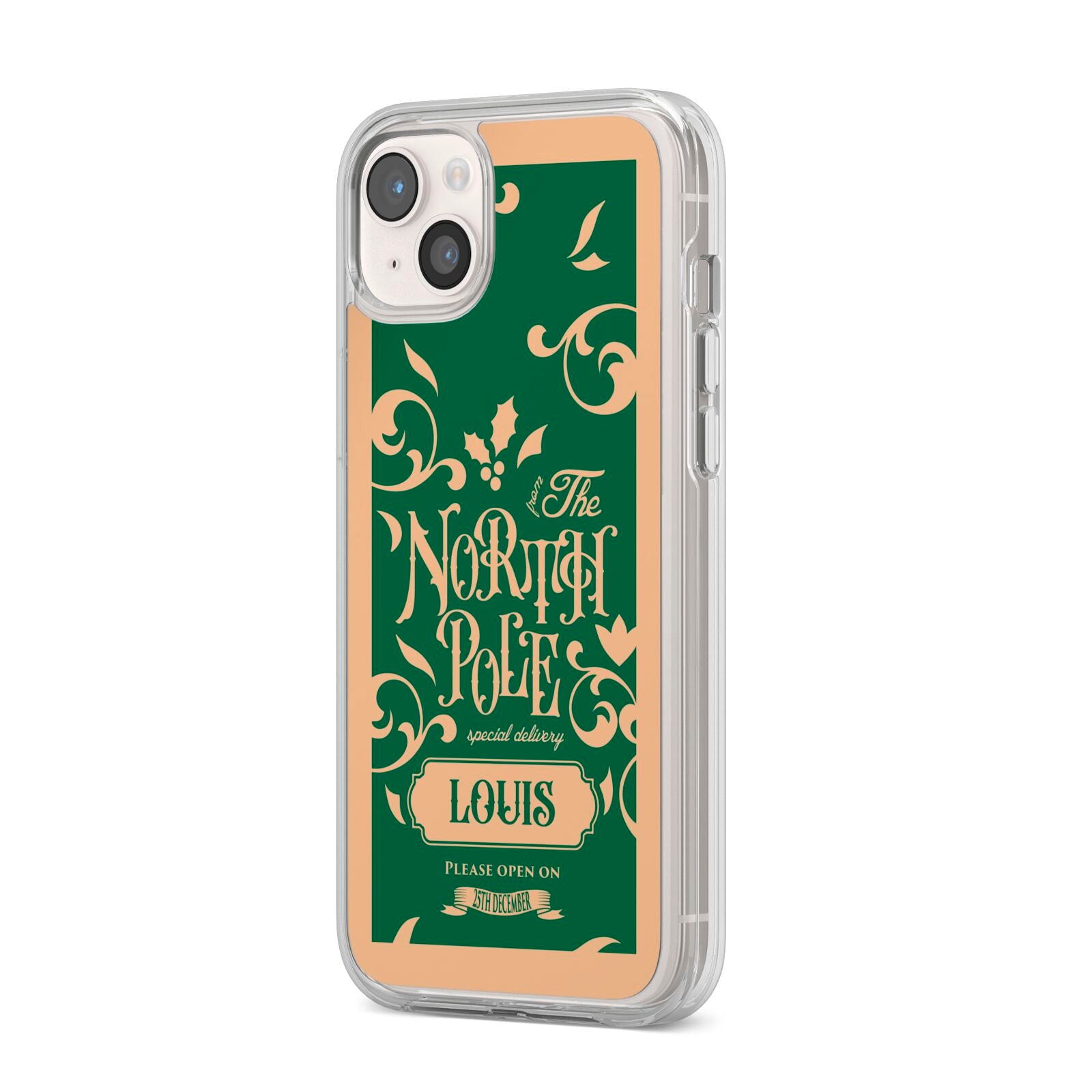 Personalised Green North Pole iPhone 14 Plus Clear Tough Case Starlight Angled Image