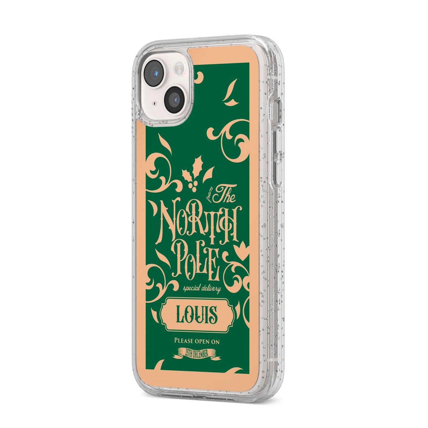 Personalised Green North Pole iPhone 14 Plus Glitter Tough Case Starlight Angled Image