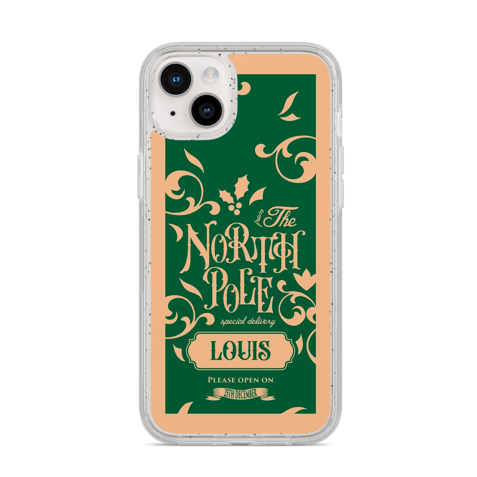 Personalised Green North Pole iPhone 14 Plus Glitter Tough Case Starlight