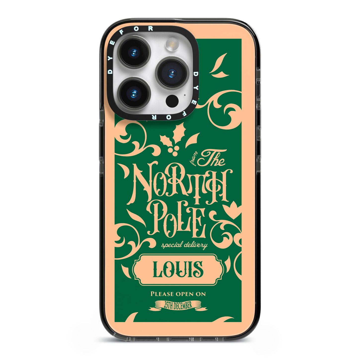 Personalised Green North Pole iPhone 14 Pro Black Impact Case on Silver phone