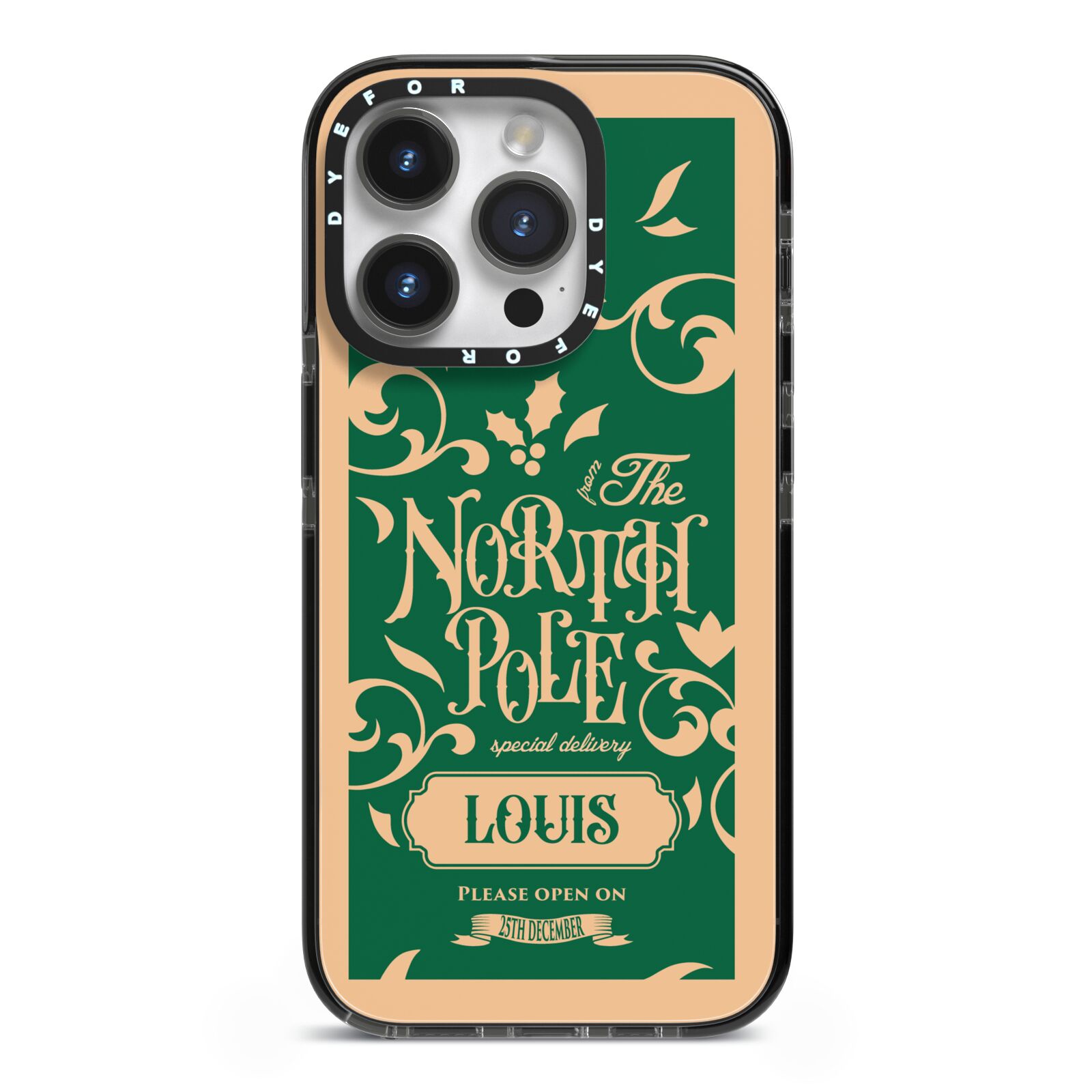 Personalised Green North Pole iPhone 14 Pro Black Impact Case on Silver phone