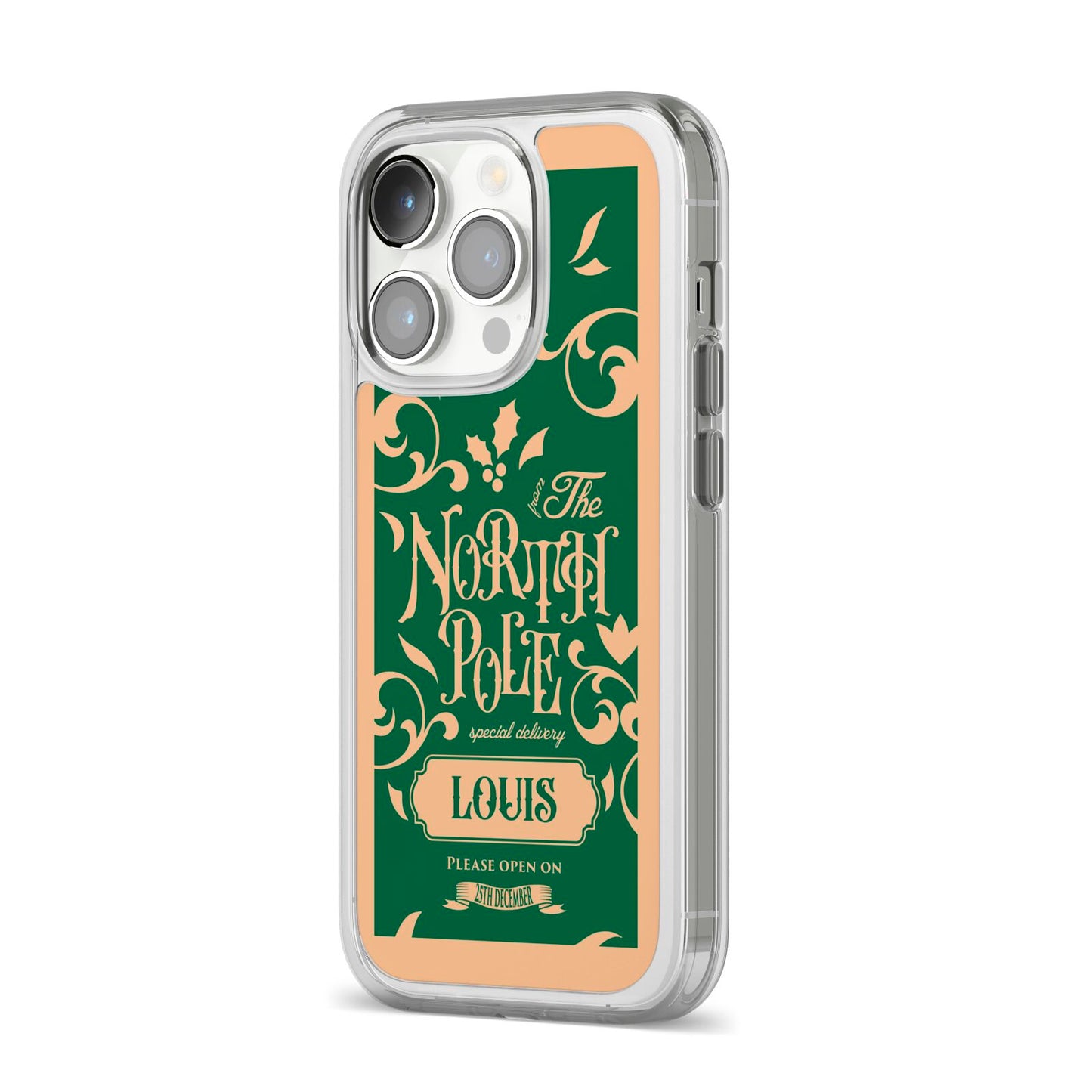 Personalised Green North Pole iPhone 14 Pro Clear Tough Case Silver Angled Image