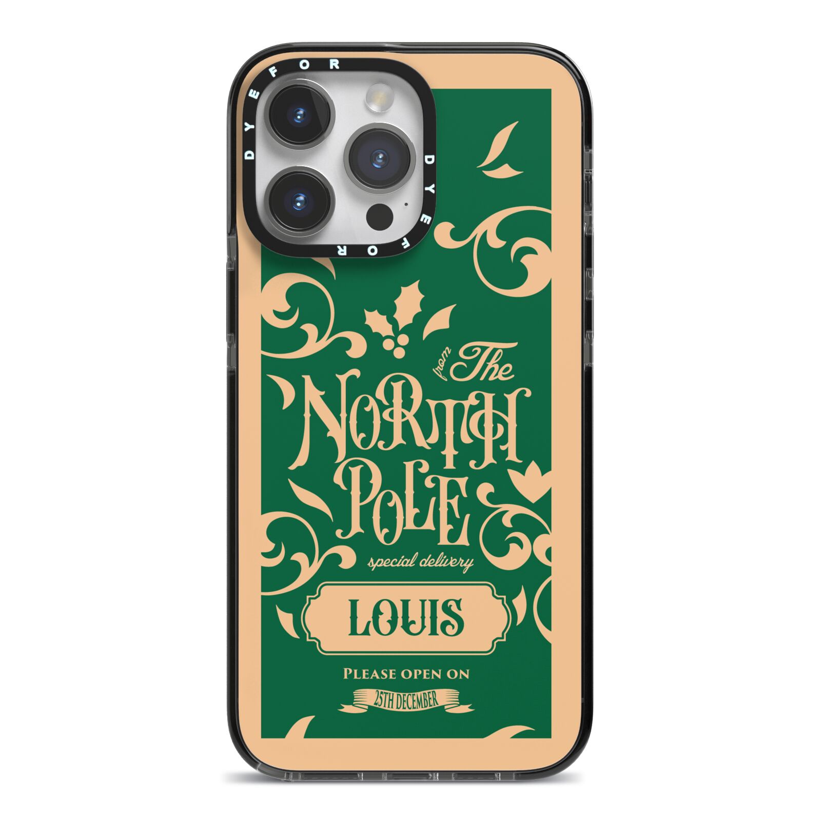 Personalised Green North Pole iPhone 14 Pro Max Black Impact Case on Silver phone