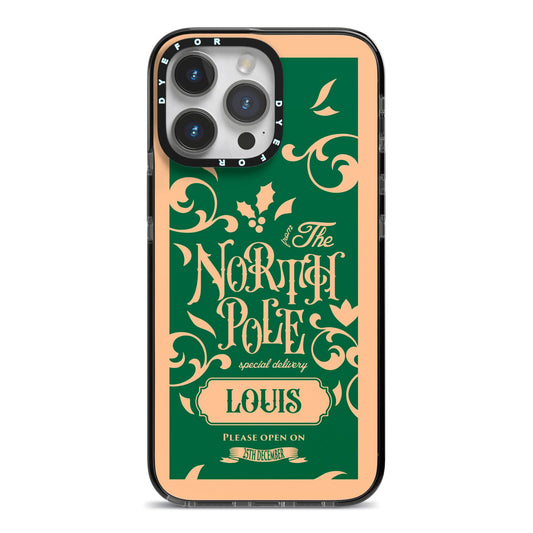 Personalised Green North Pole iPhone 14 Pro Max Black Impact Case on Silver phone