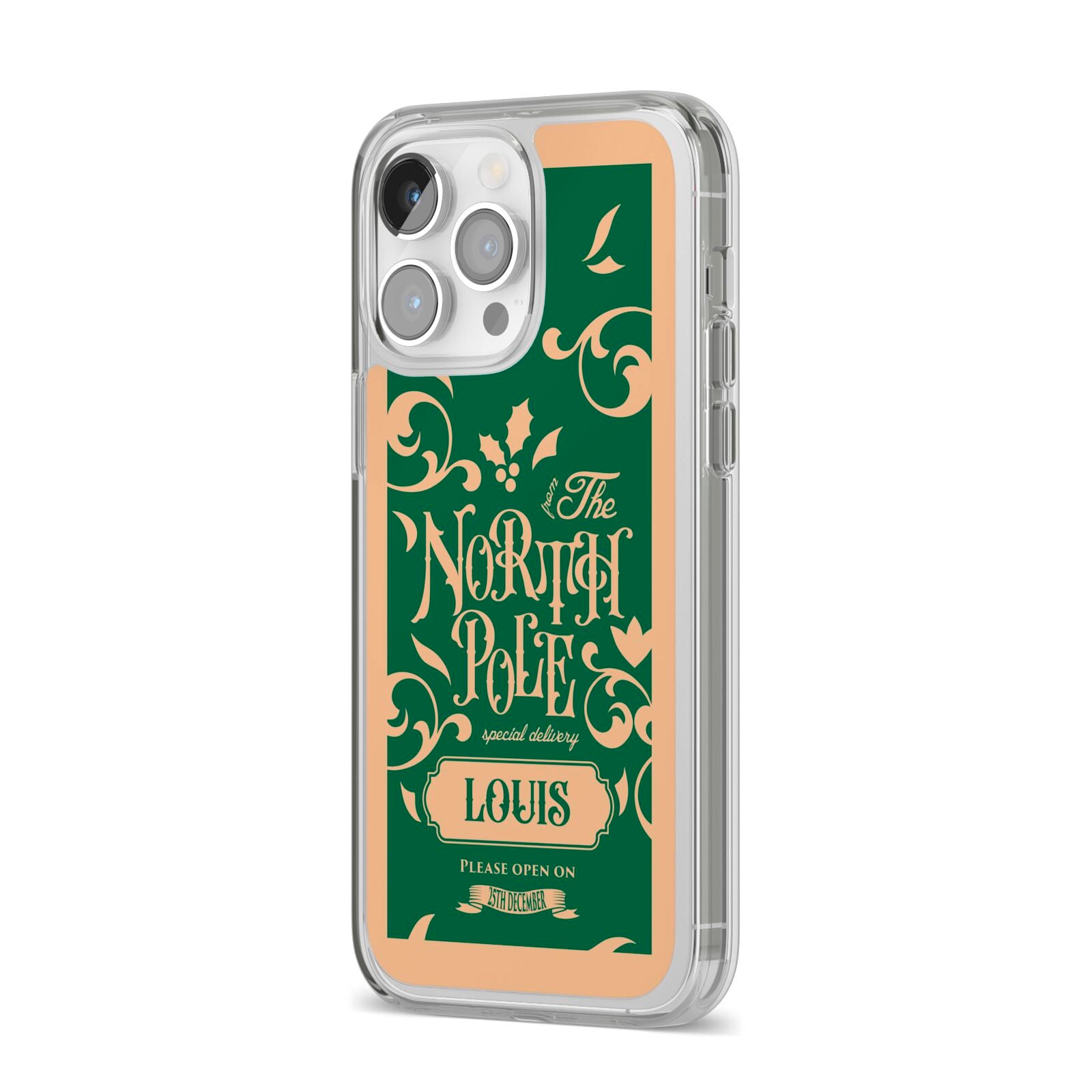 Personalised Green North Pole iPhone 14 Pro Max Clear Tough Case Silver Angled Image