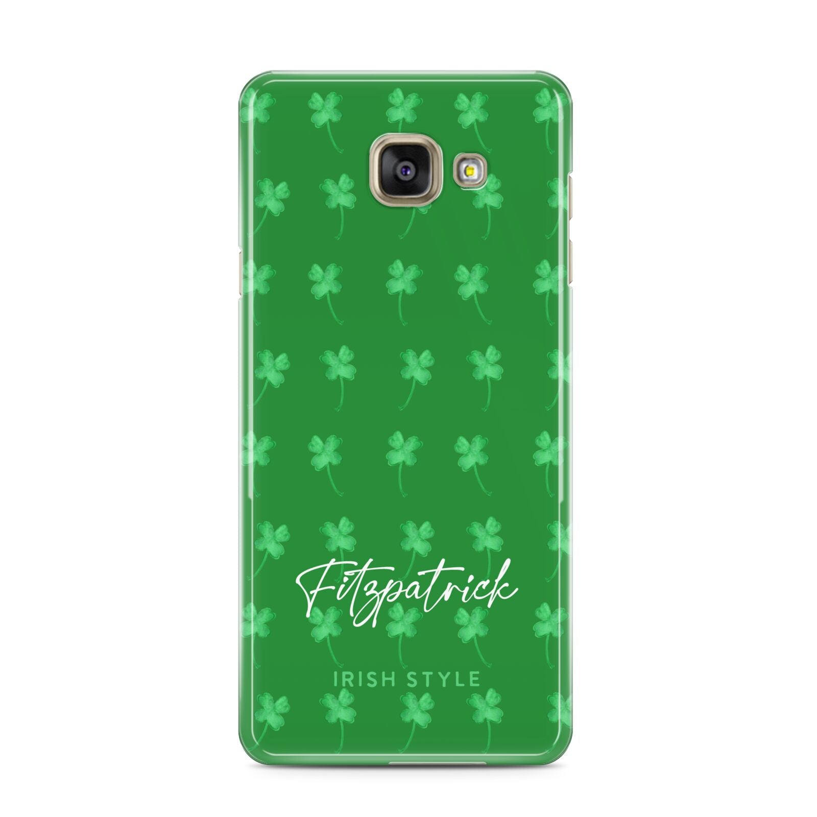 Personalised Green Shamrock Samsung Galaxy A3 2016 Case on gold phone