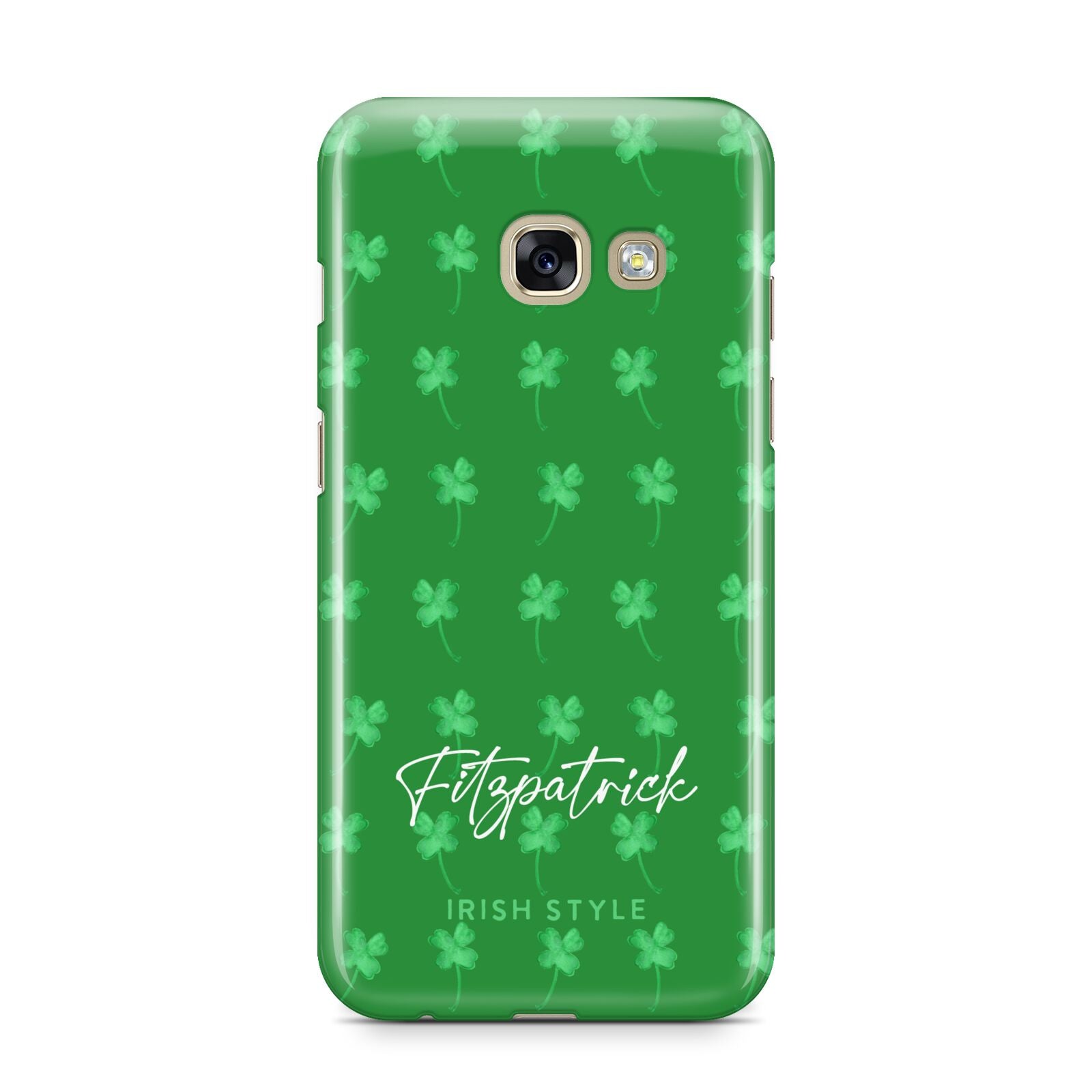 Personalised Green Shamrock Samsung Galaxy A3 2017 Case on gold phone