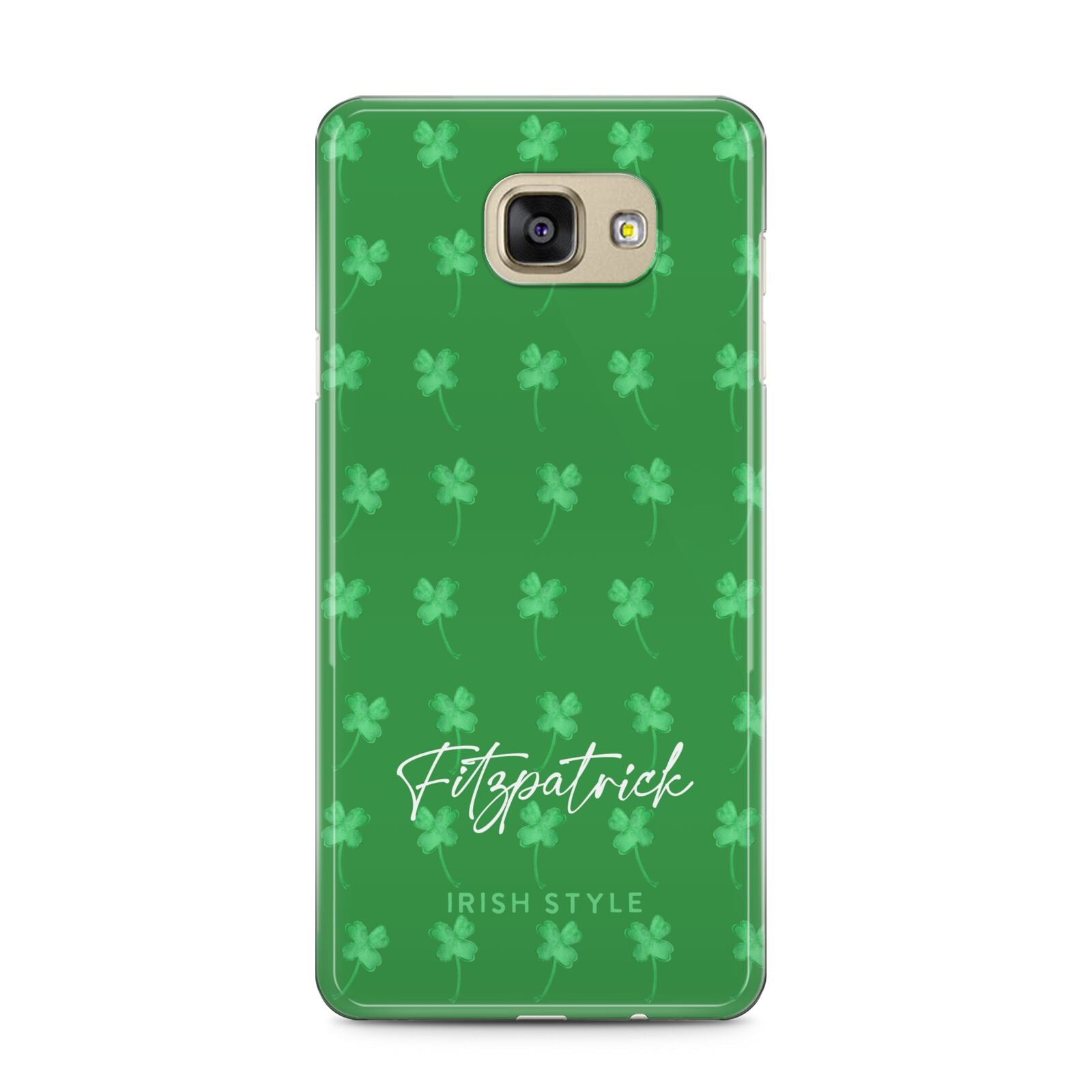 Personalised Green Shamrock Samsung Galaxy A5 2016 Case on gold phone