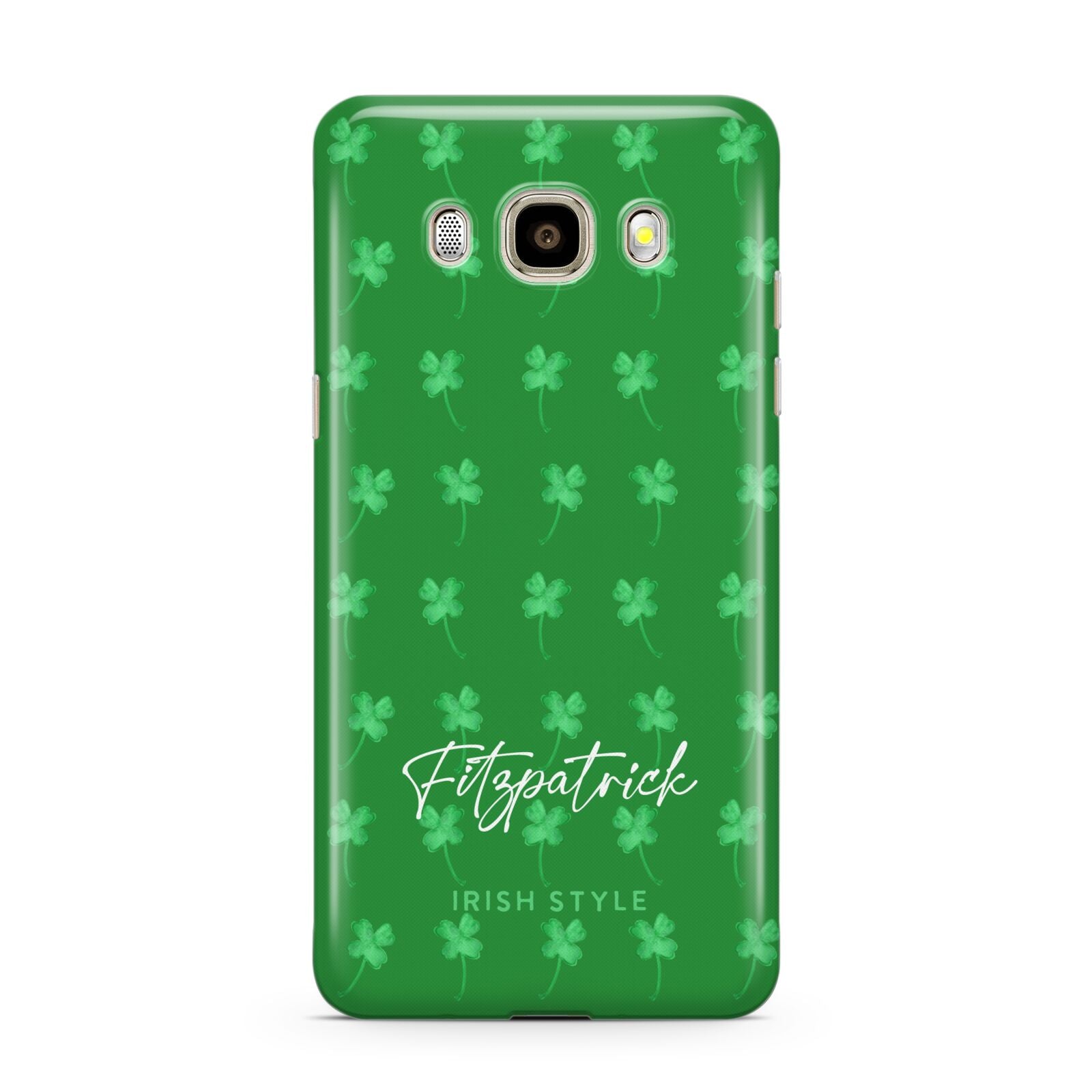 Personalised Green Shamrock Samsung Galaxy J7 2016 Case on gold phone