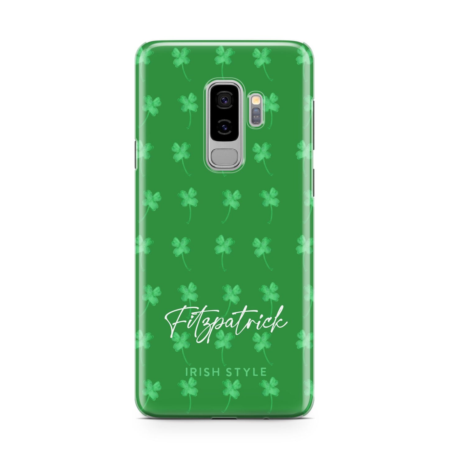 Personalised Green Shamrock Samsung Galaxy S9 Plus Case on Silver phone