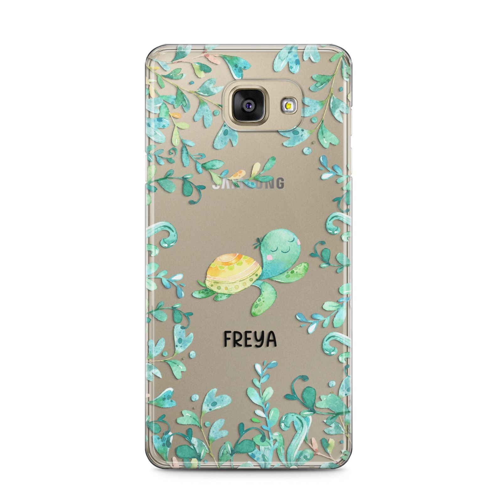 Personalised Green Turtle Samsung Galaxy A5 2016 Case on gold phone