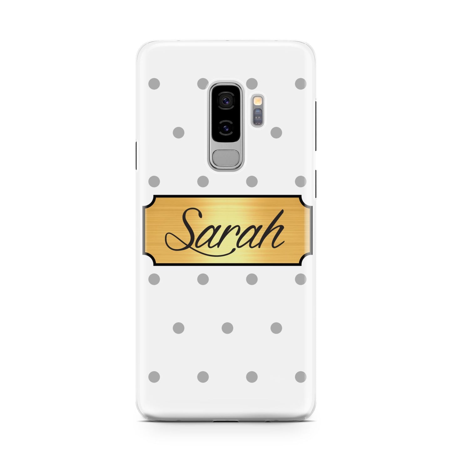 Personalised Grey Dots Gold With Name Samsung Galaxy S9 Plus Case on Silver phone