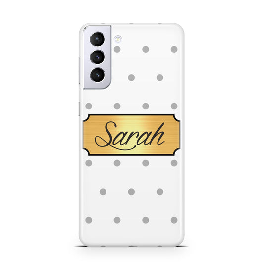 Personalised Grey Dots Gold With Name Samsung S21 Plus Phone Case