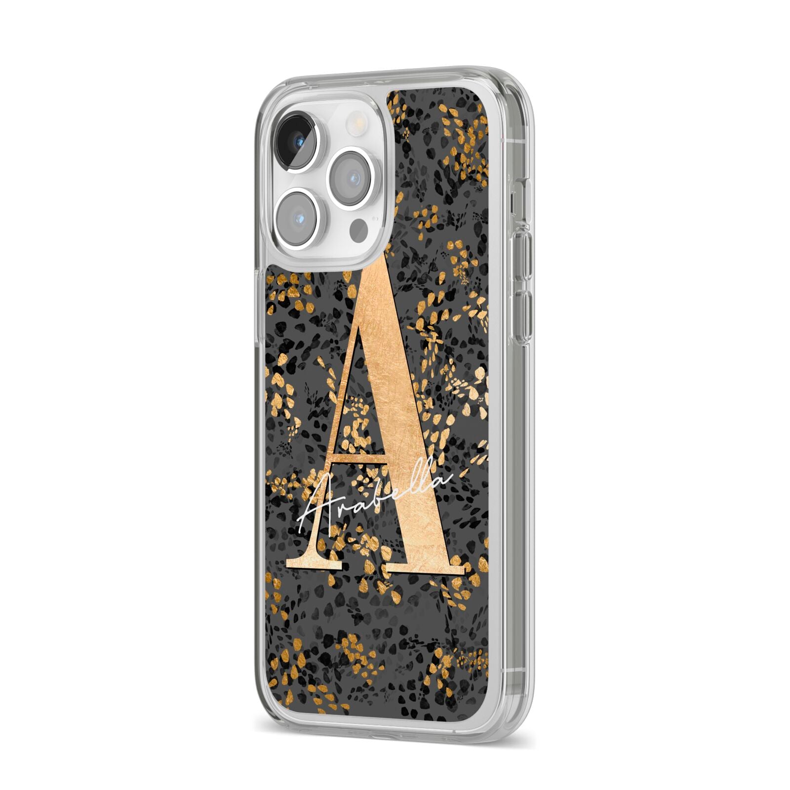 Personalised Grey Gold Cheetah iPhone 14 Pro Max Clear Tough Case Silver Angled Image