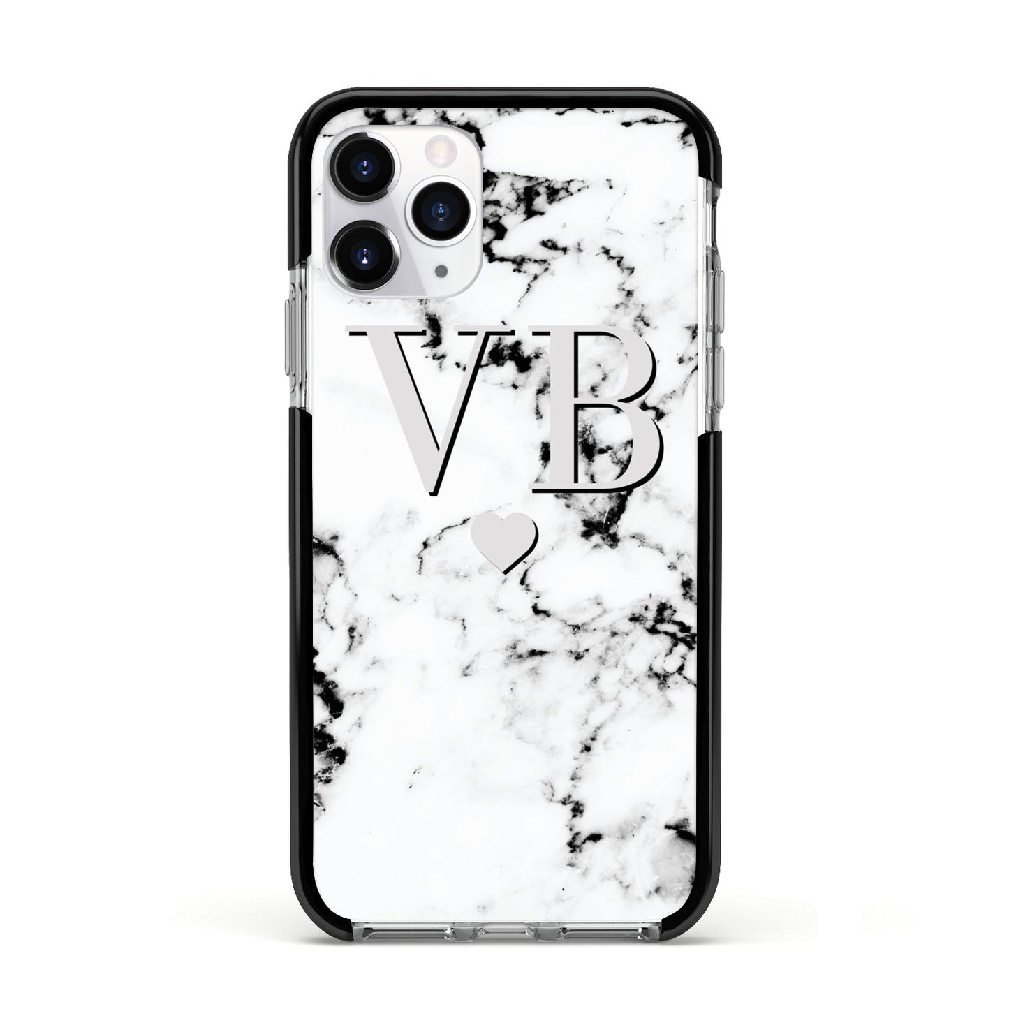 Personalised Grey Initialed Marble Heart Apple iPhone 11 Pro in Silver with Black Impact Case