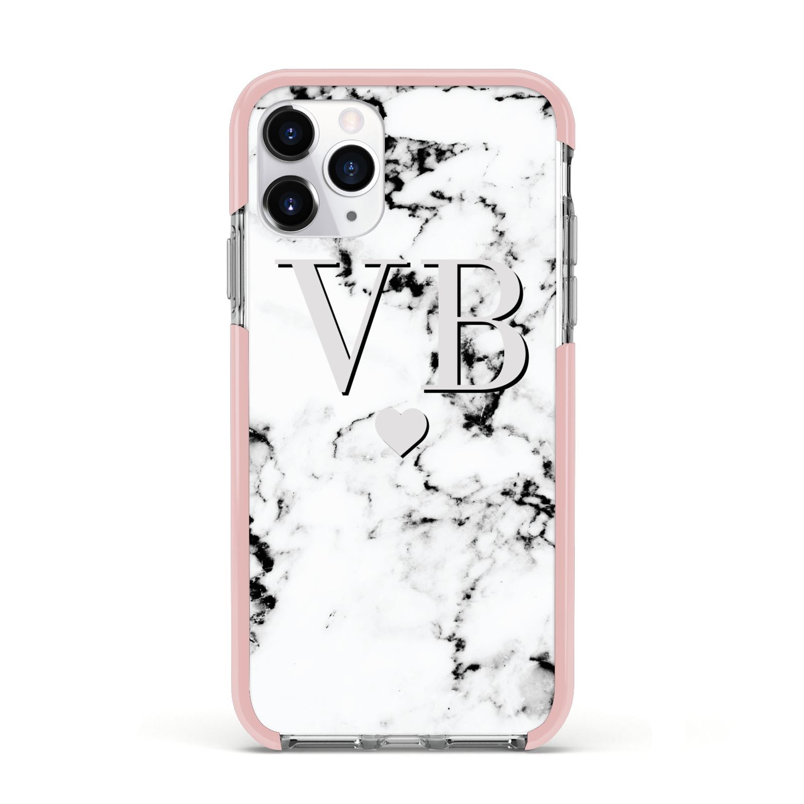 Personalised Grey Initialed Marble Heart Apple iPhone 11 Pro in Silver with Pink Impact Case