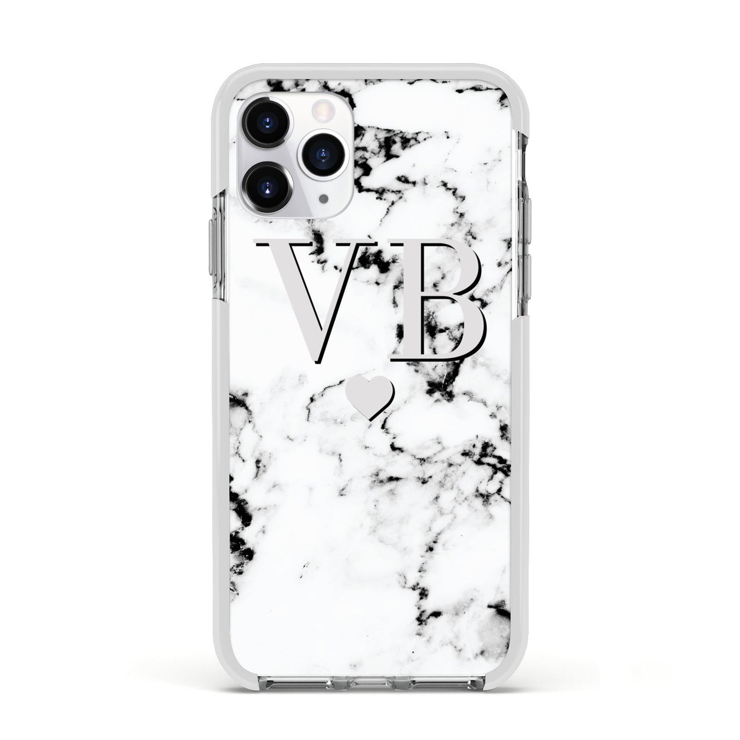 Personalised Grey Initialed Marble Heart Apple iPhone 11 Pro in Silver with White Impact Case