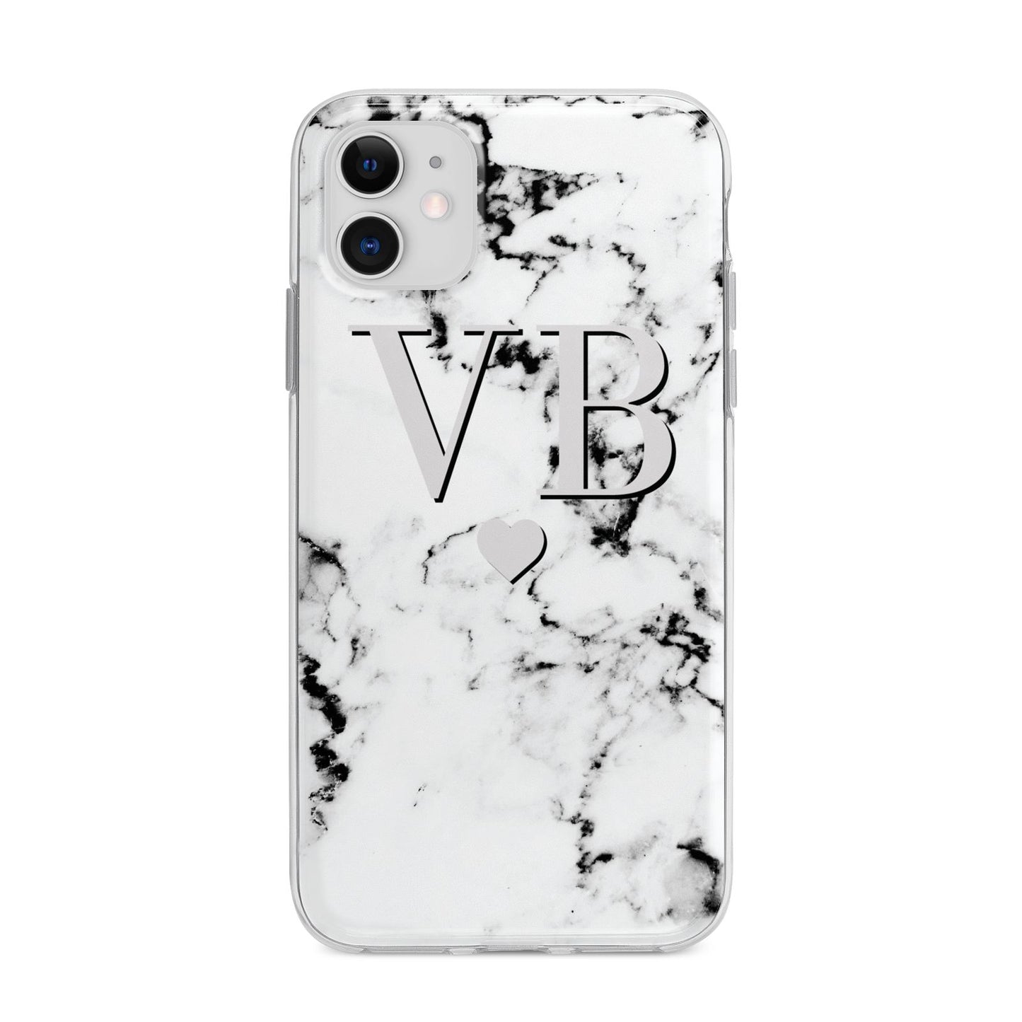 Personalised Grey Initialed Marble Heart Apple iPhone 11 in White with Bumper Case