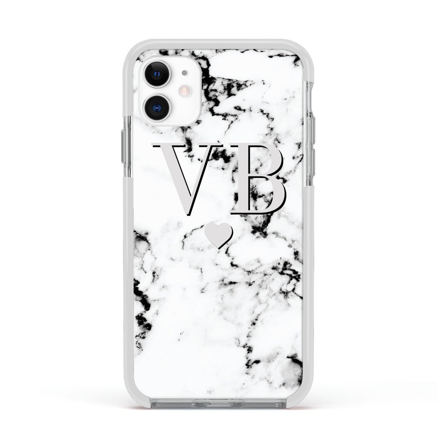 Personalised Grey Initialed Marble Heart Apple iPhone 11 in White with White Impact Case