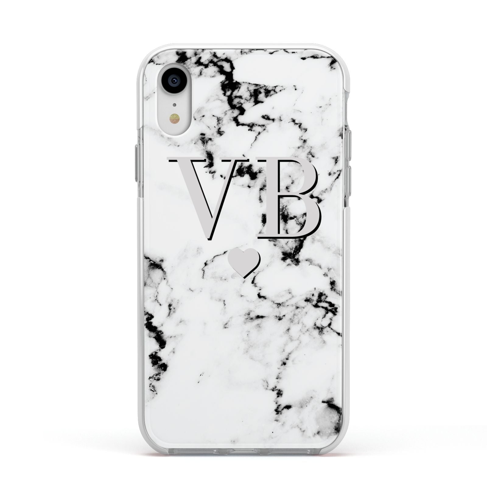 Personalised Grey Initialed Marble Heart Apple iPhone XR Impact Case White Edge on Silver Phone