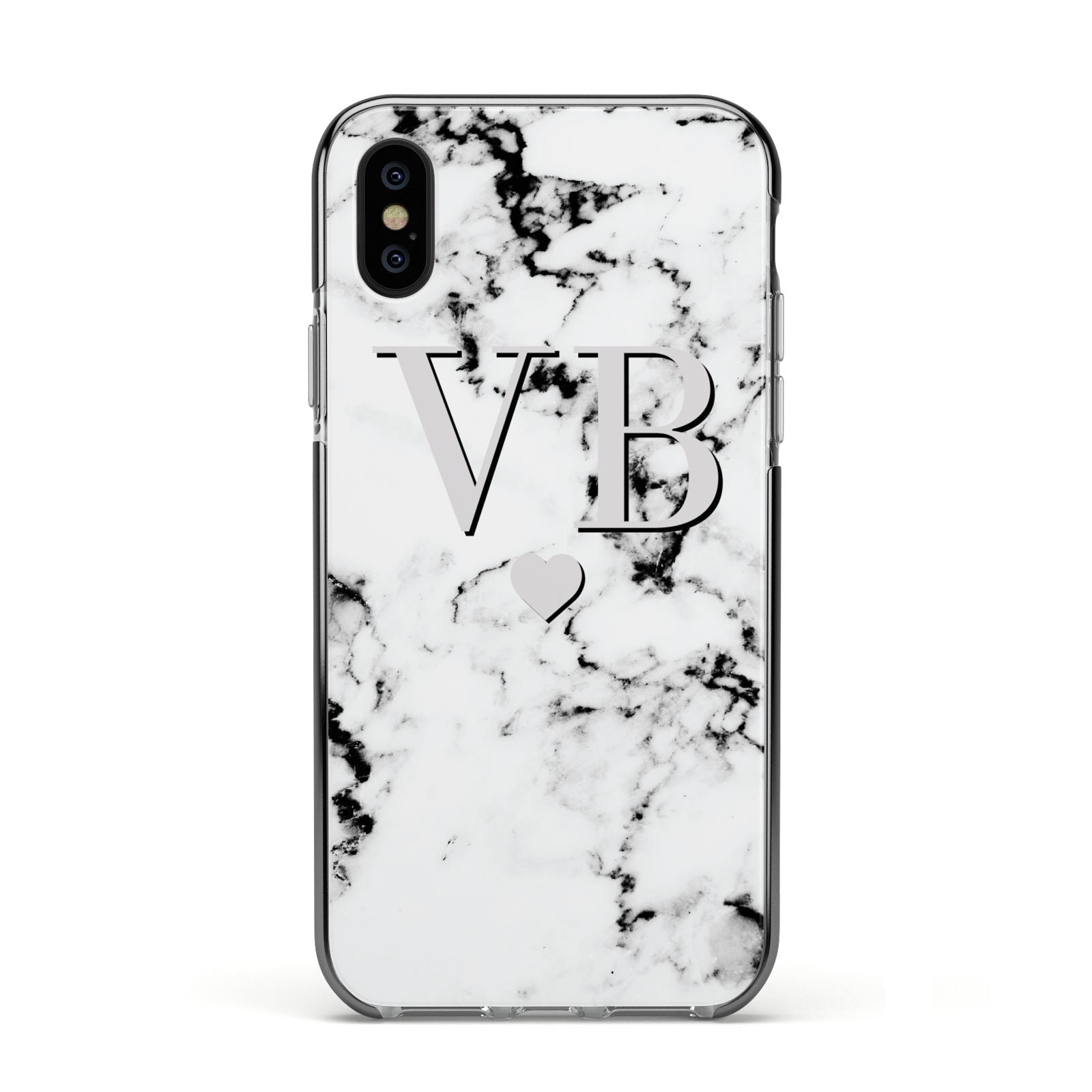 Personalised Grey Initialed Marble Heart Apple iPhone Xs Impact Case Black Edge on Black Phone