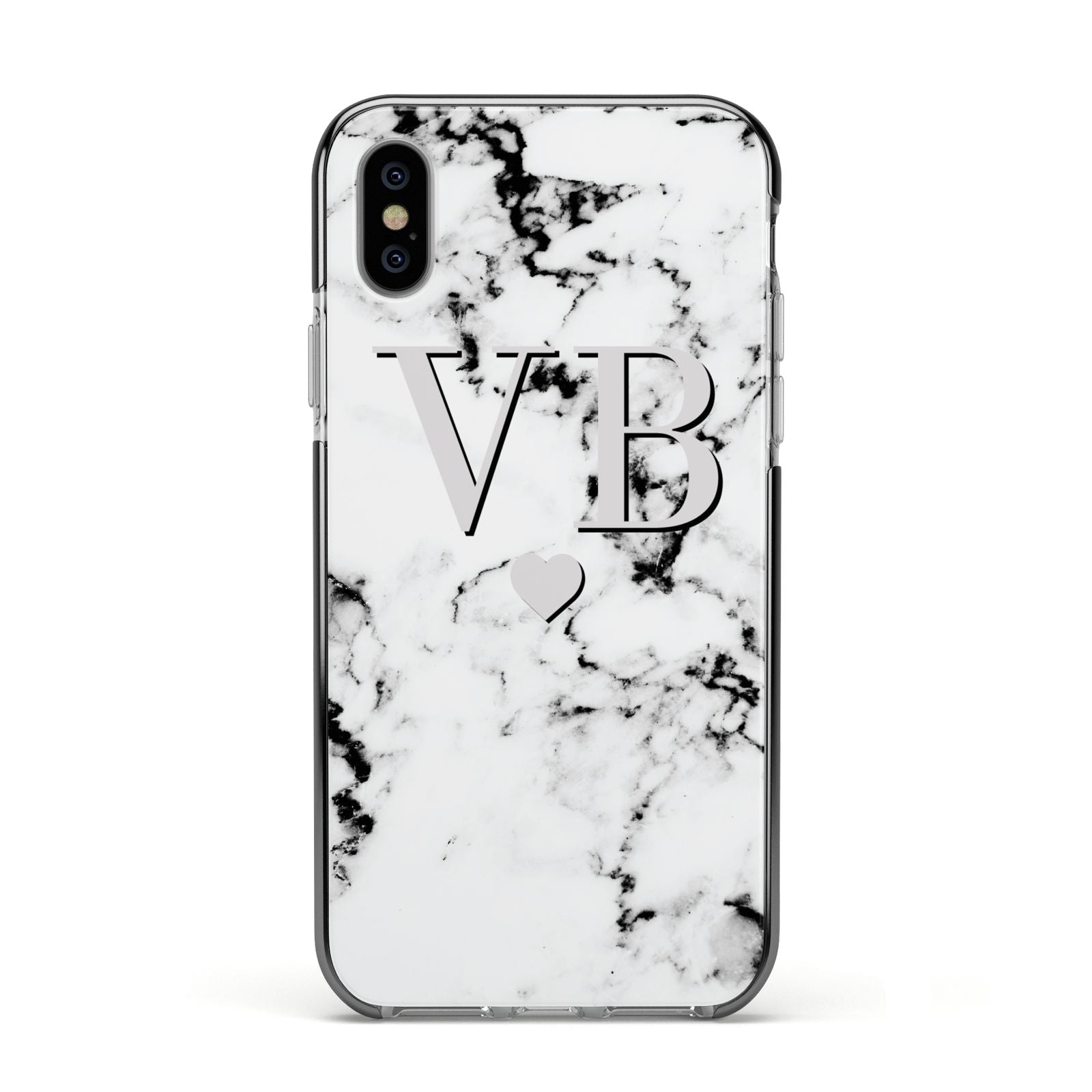 Personalised Grey Initialed Marble Heart Apple iPhone Xs Impact Case Black Edge on Silver Phone