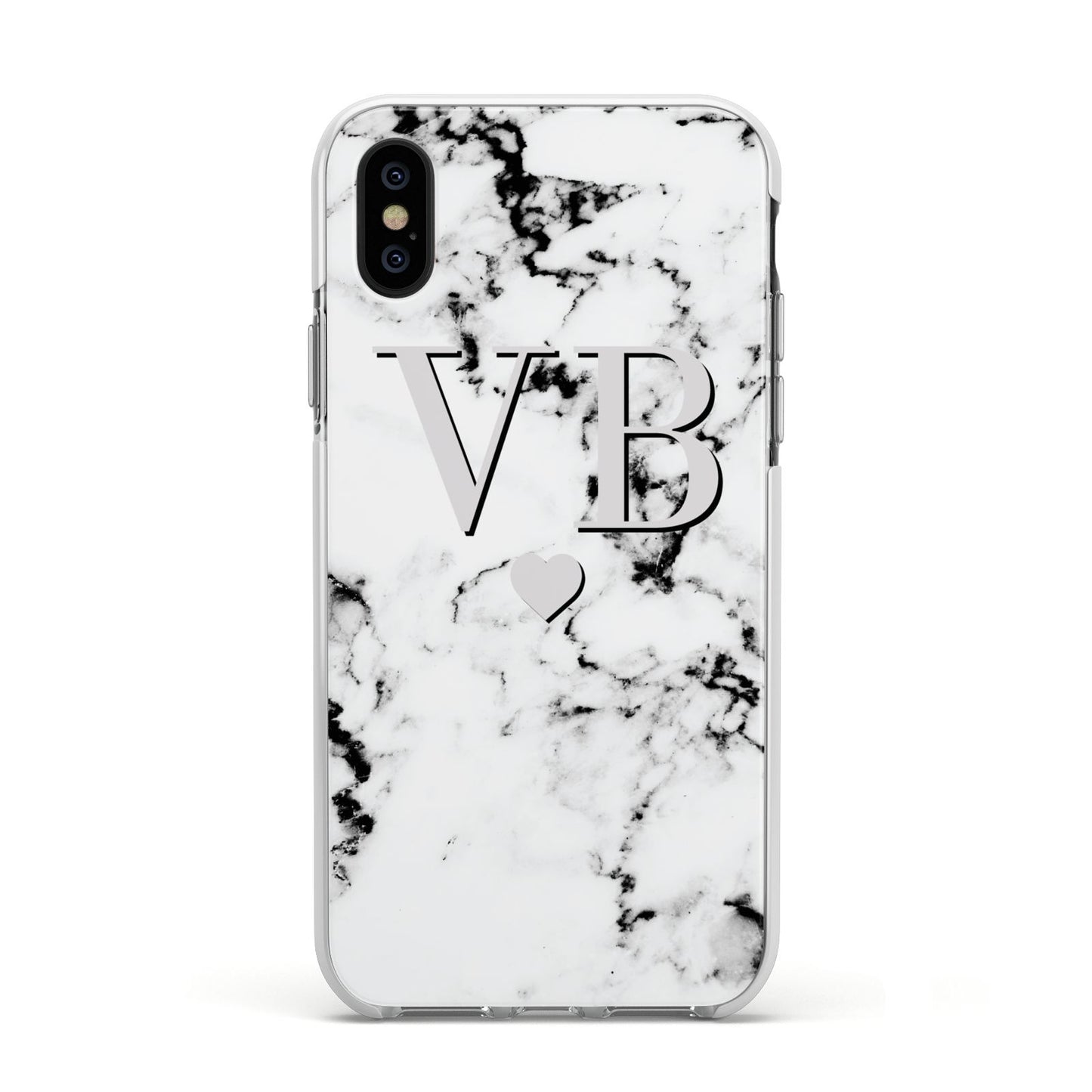 Personalised Grey Initialed Marble Heart Apple iPhone Xs Impact Case White Edge on Black Phone