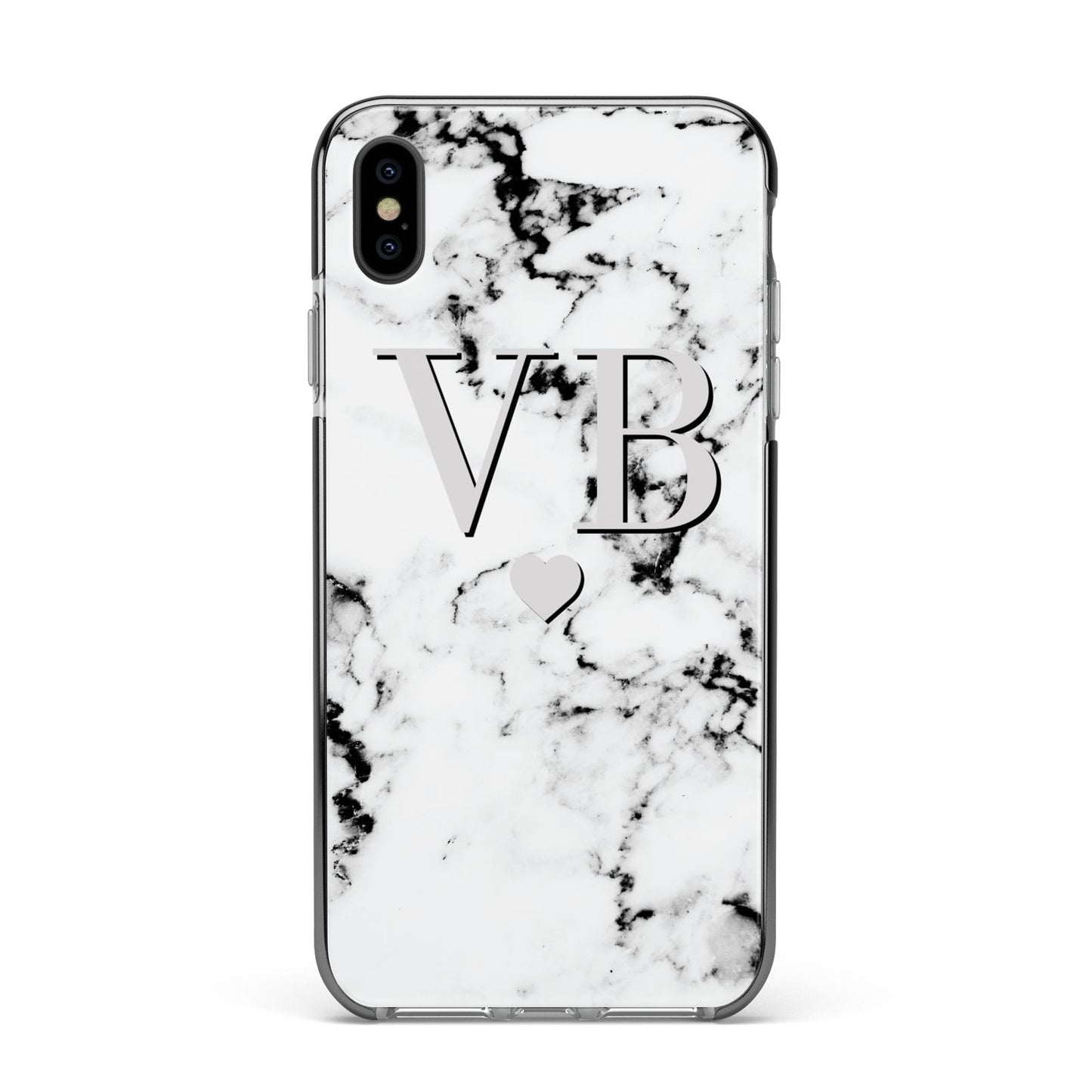 Personalised Grey Initialed Marble Heart Apple iPhone Xs Max Impact Case Black Edge on Black Phone