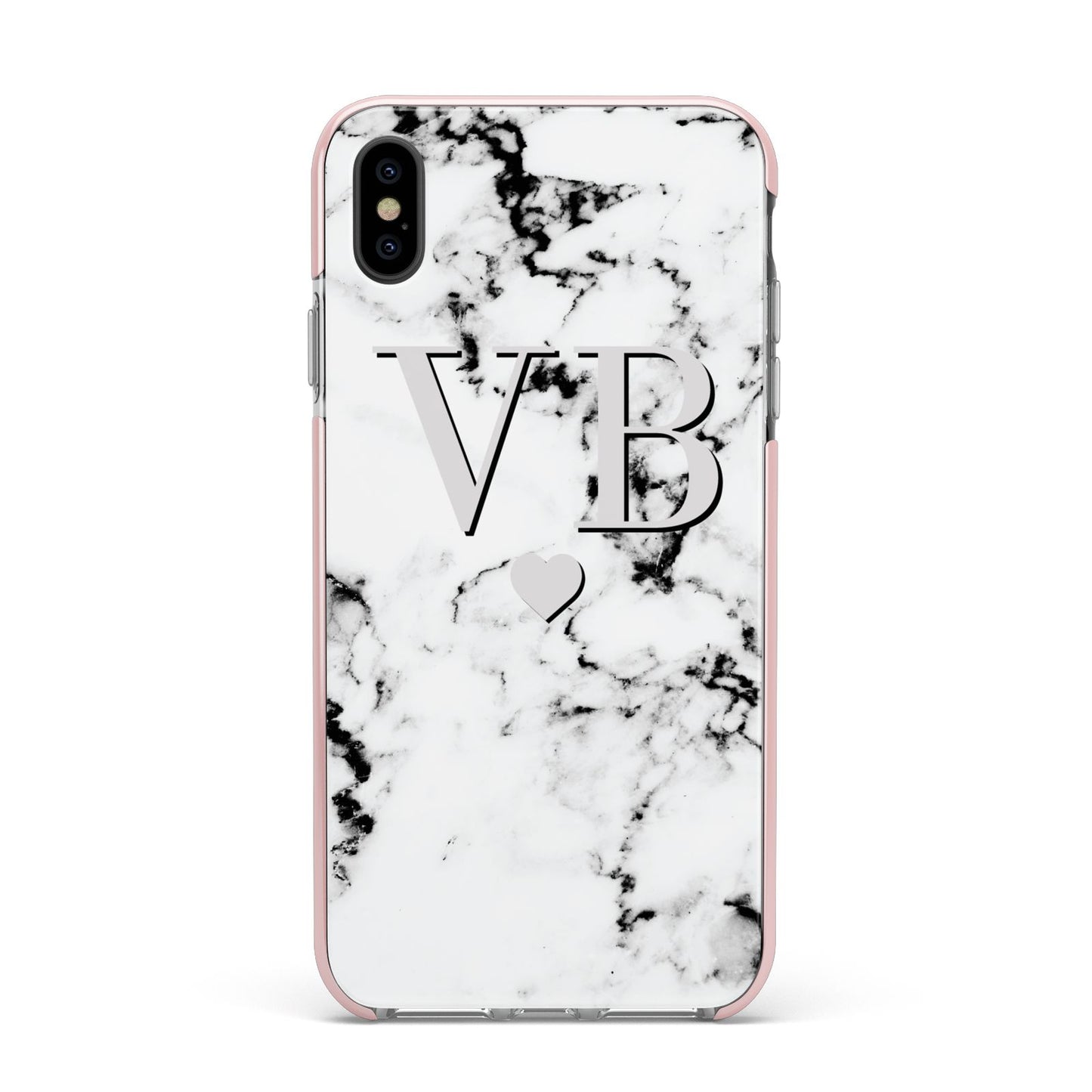 Personalised Grey Initialed Marble Heart Apple iPhone Xs Max Impact Case Pink Edge on Black Phone