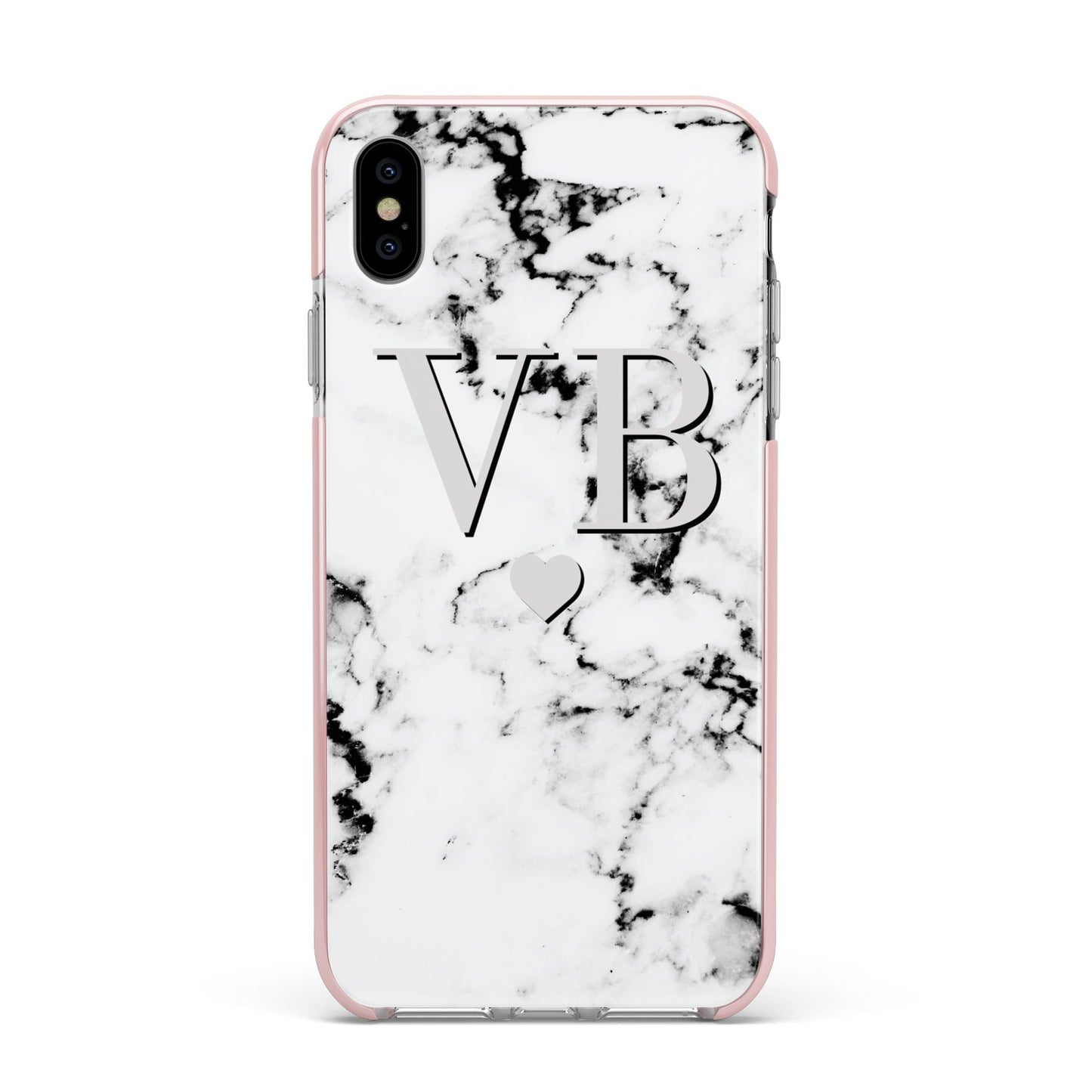 Personalised Grey Initialed Marble Heart Apple iPhone Xs Max Impact Case Pink Edge on Silver Phone