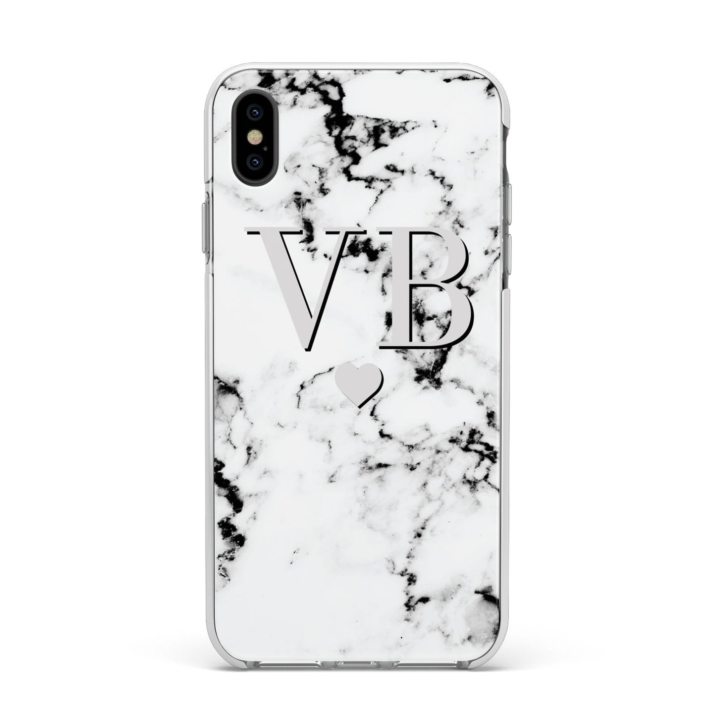 Personalised Grey Initialed Marble Heart Apple iPhone Xs Max Impact Case White Edge on Black Phone