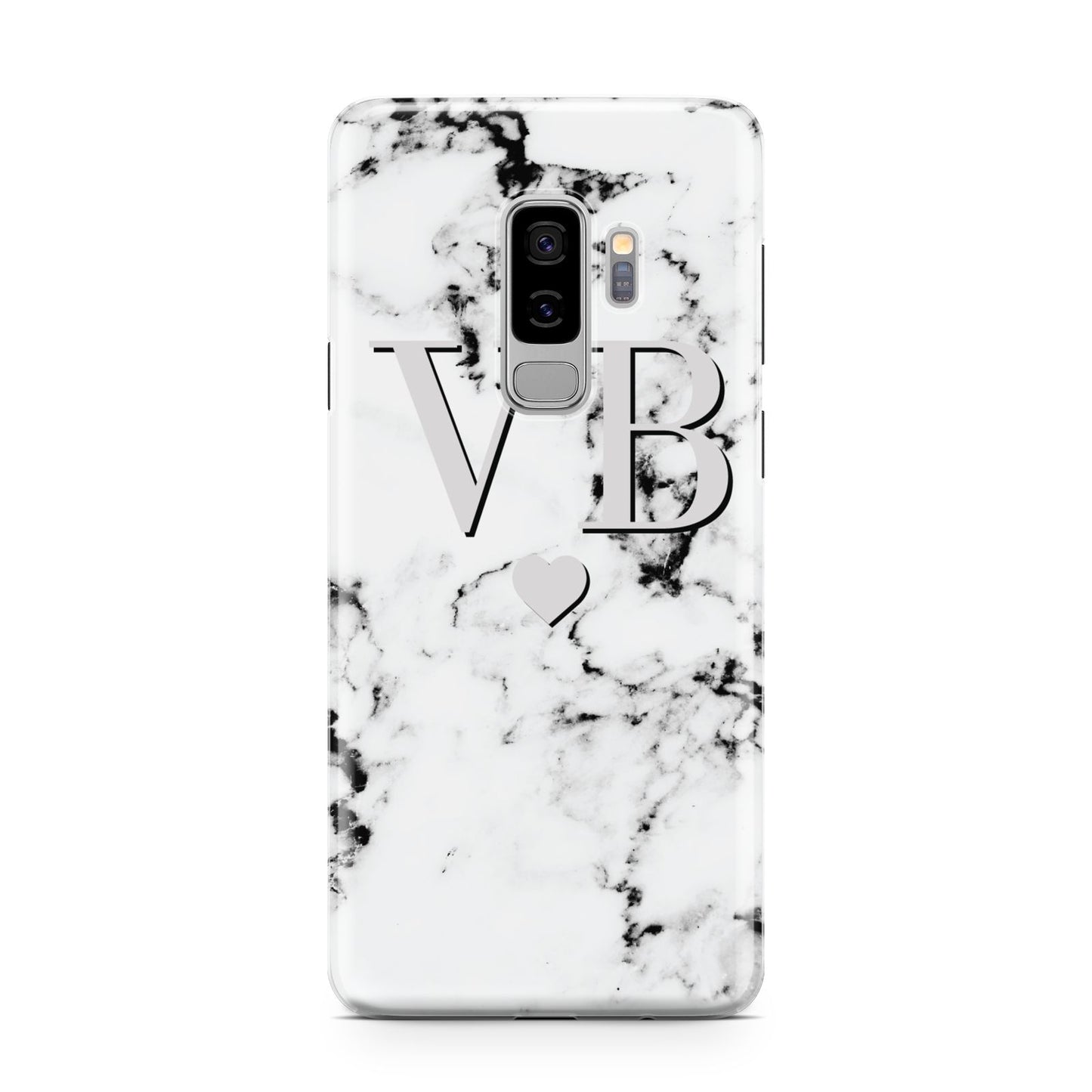 Personalised Grey Initialed Marble Heart Samsung Galaxy S9 Plus Case on Silver phone