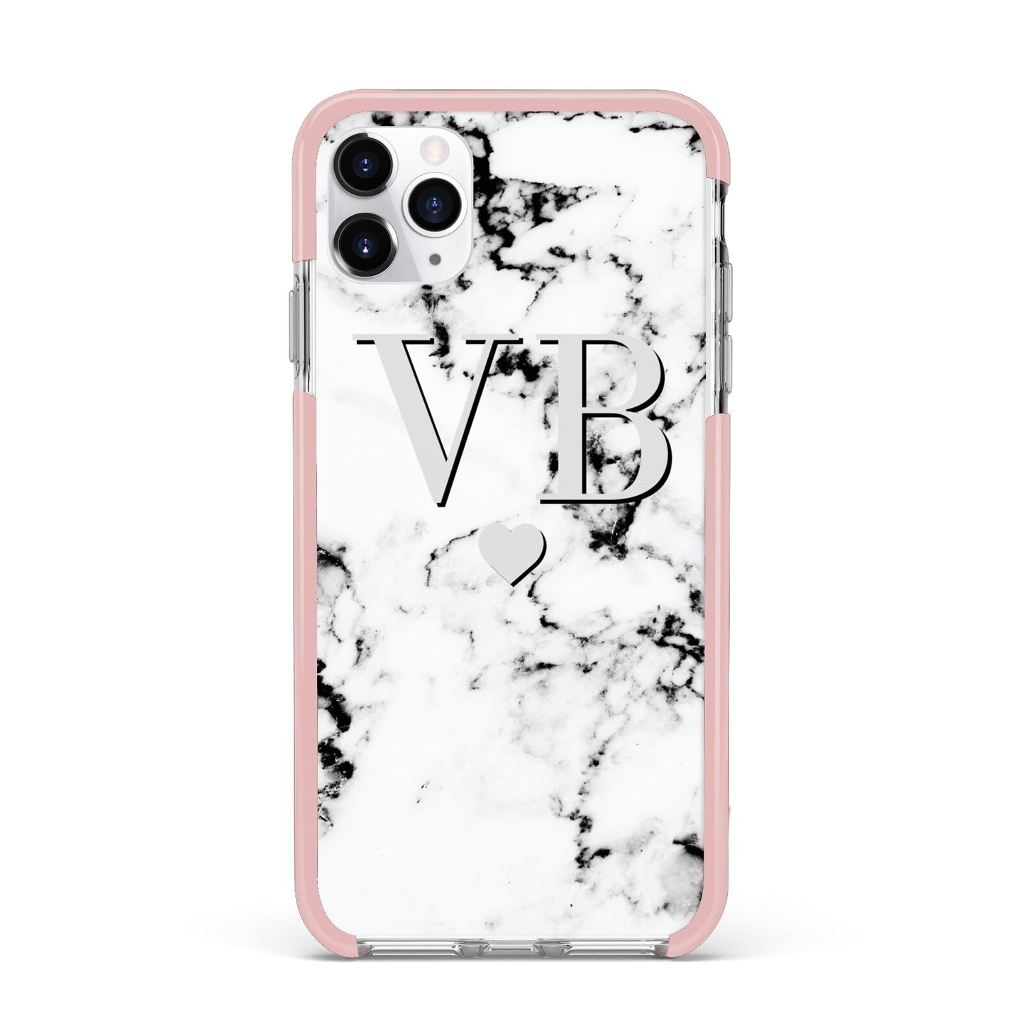 Personalised Grey Initialed Marble Heart iPhone 11 Pro Max Impact Pink Edge Case