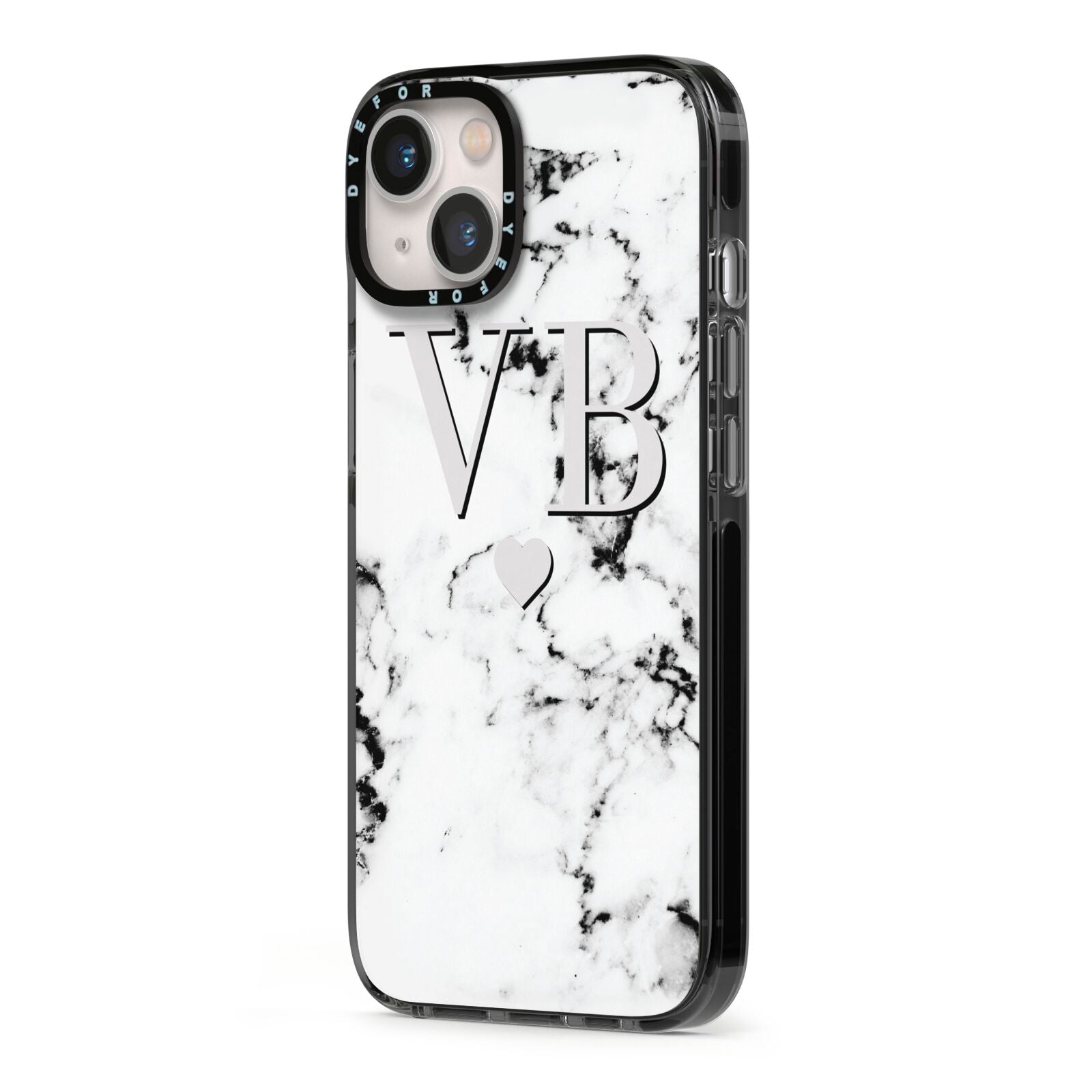 Personalised Grey Initialed Marble Heart iPhone 13 Black Impact Case Side Angle on Silver phone