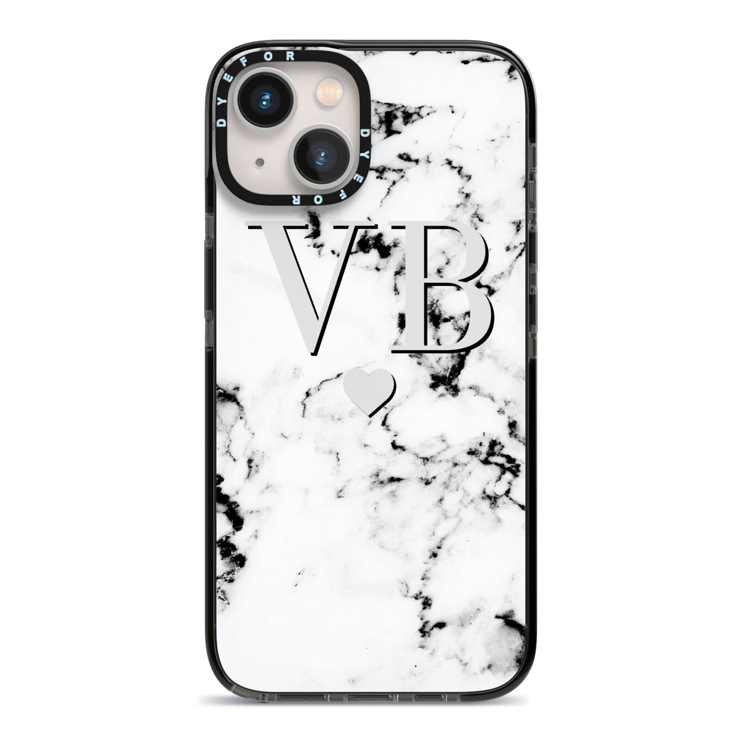 Personalised Grey Initialed Marble Heart iPhone 13 Black Impact Case on Silver phone