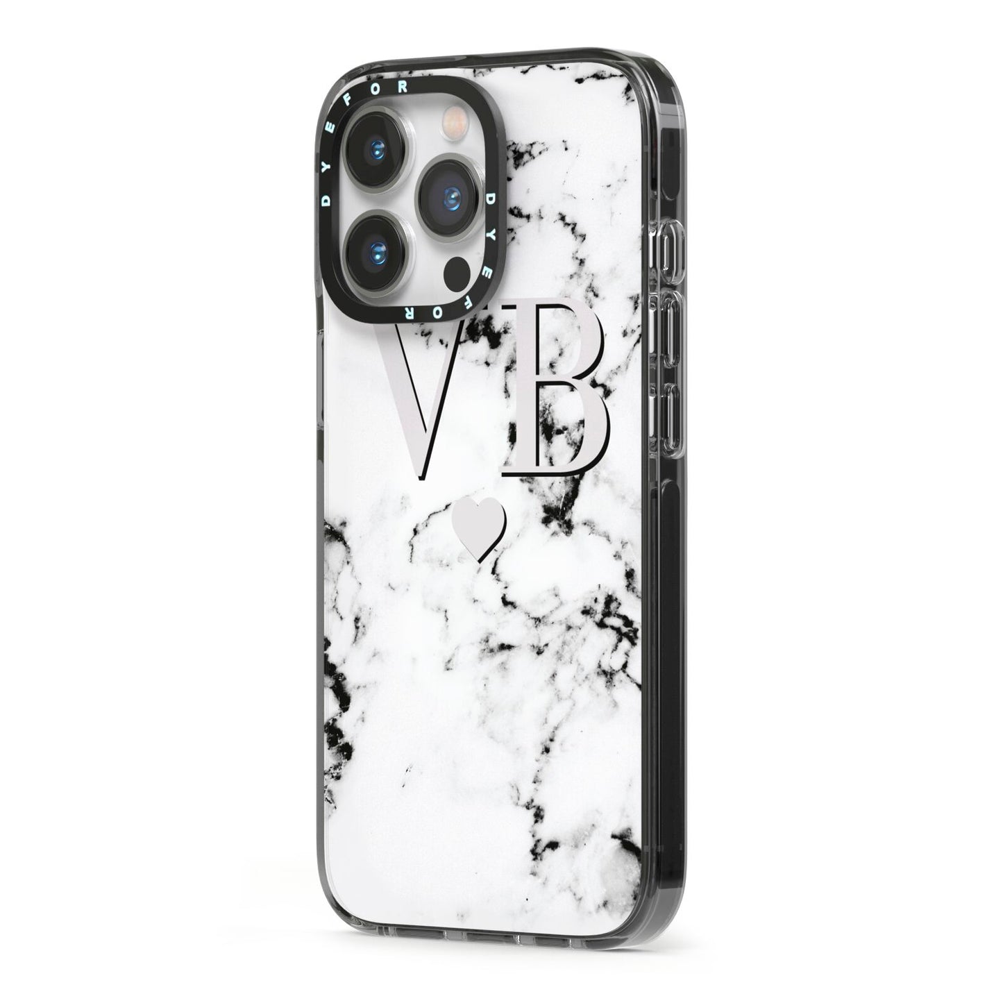 Personalised Grey Initialed Marble Heart iPhone 13 Pro Black Impact Case Side Angle on Silver phone