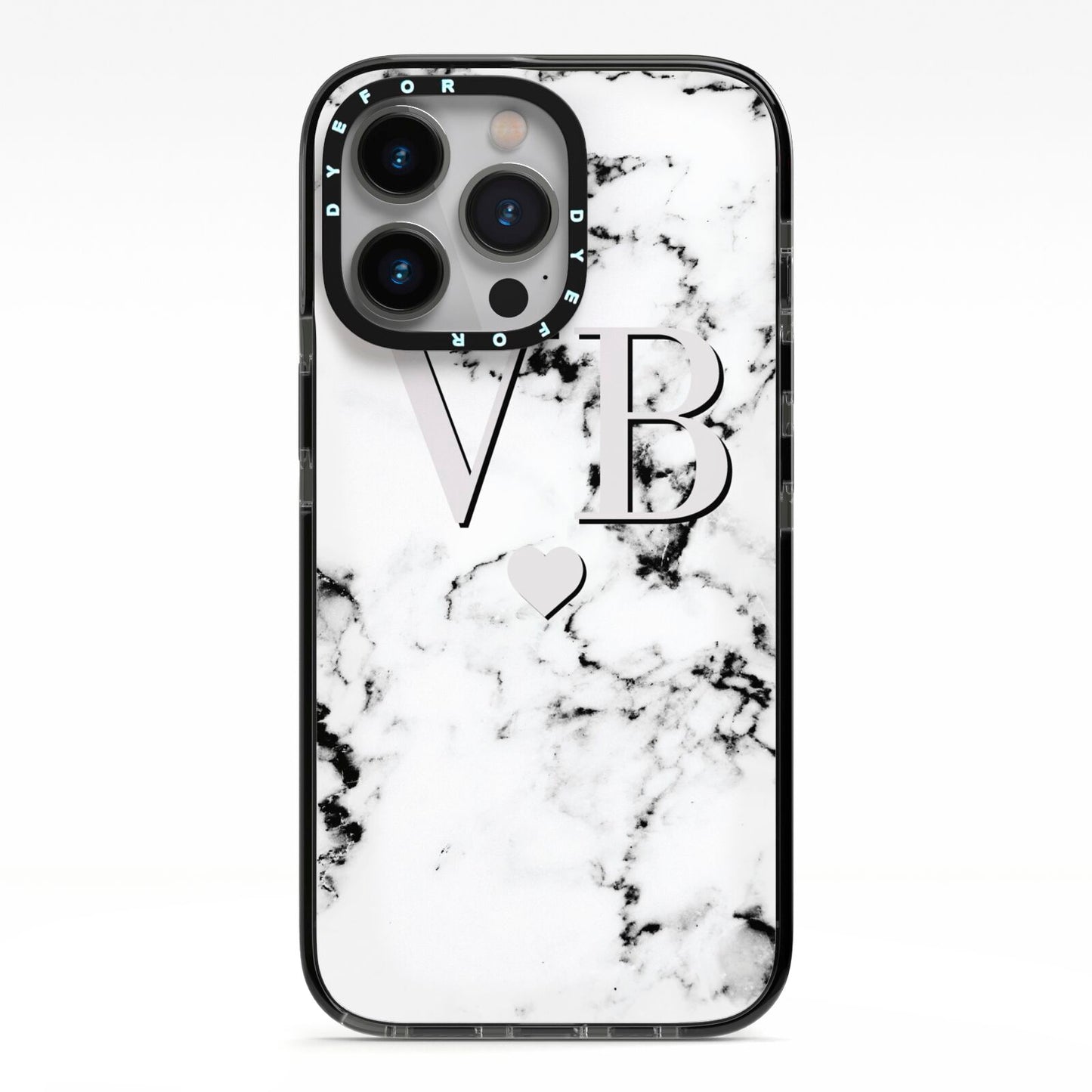 Personalised Grey Initialed Marble Heart iPhone 13 Pro Black Impact Case on Silver phone