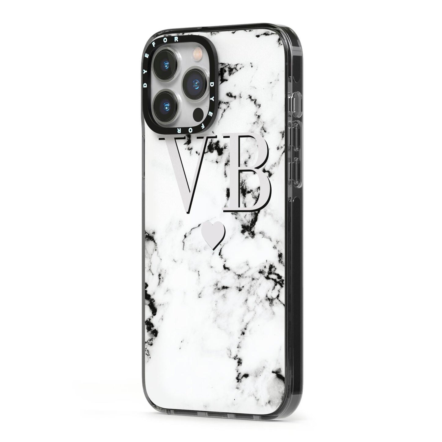 Personalised Grey Initialed Marble Heart iPhone 13 Pro Max Black Impact Case Side Angle on Silver phone