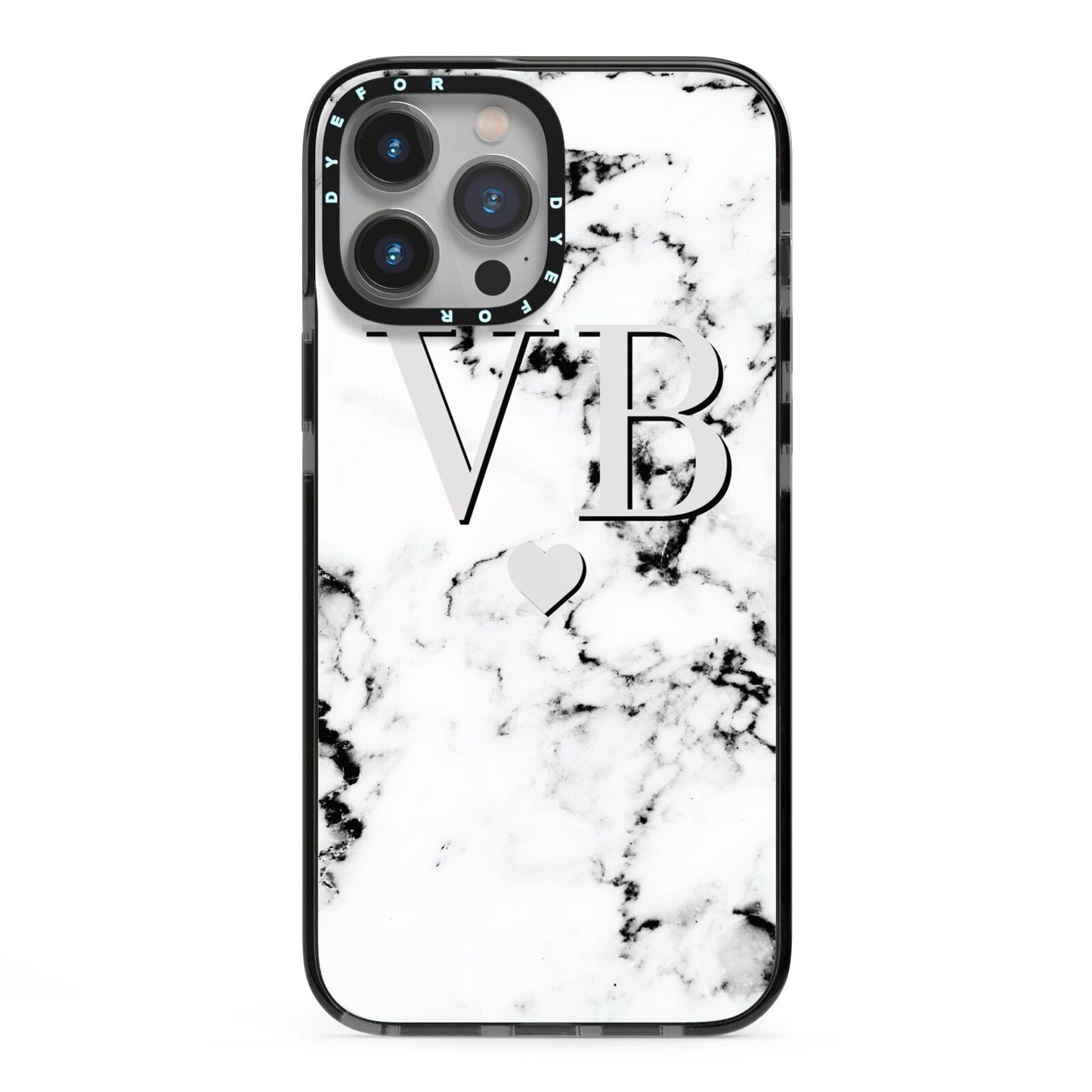 Personalised Grey Initialed Marble Heart iPhone 13 Pro Max Black Impact Case on Silver phone