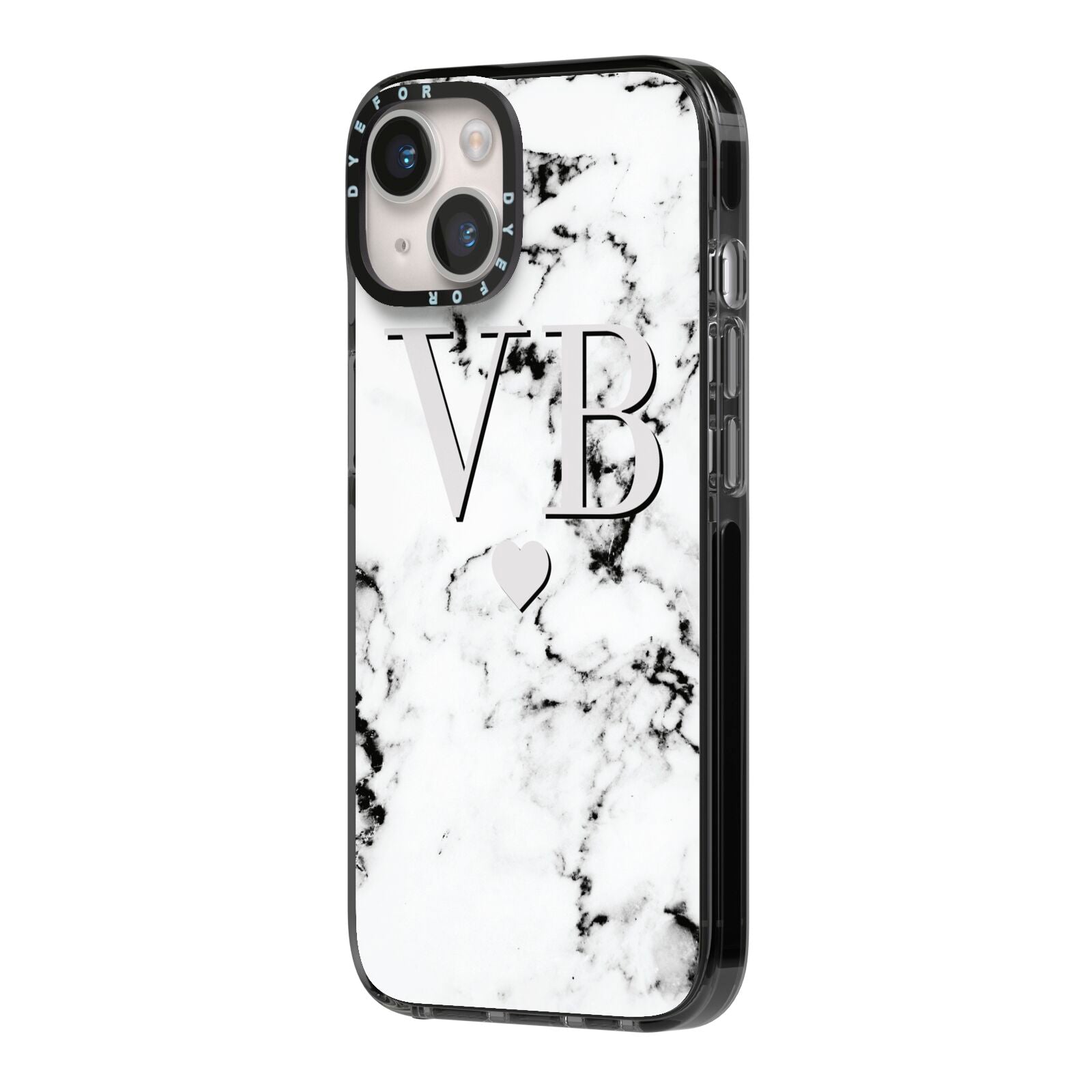 Personalised Grey Initialed Marble Heart iPhone 14 Black Impact Case Side Angle on Silver phone