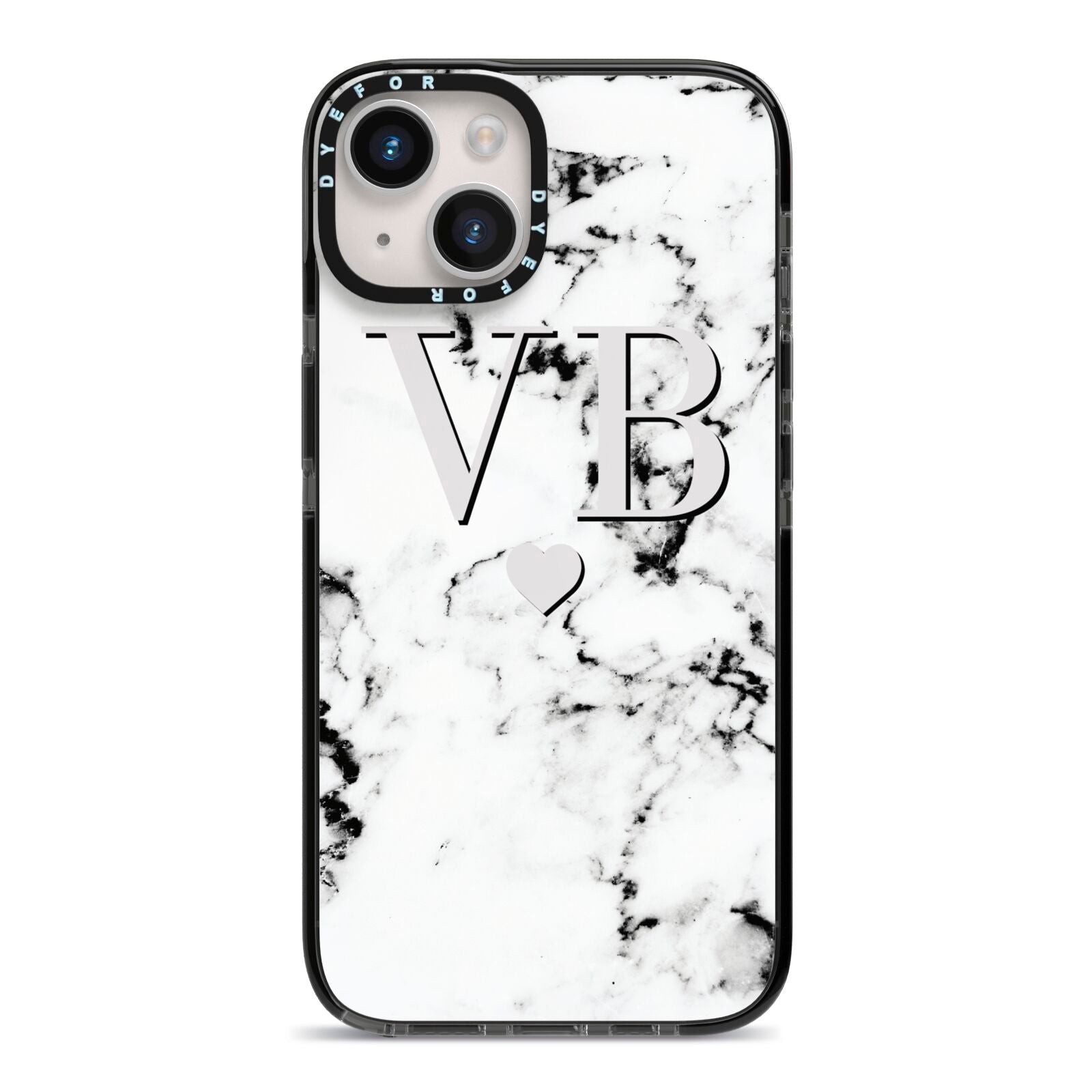 Personalised Grey Initialed Marble Heart iPhone 14 Black Impact Case on Silver phone