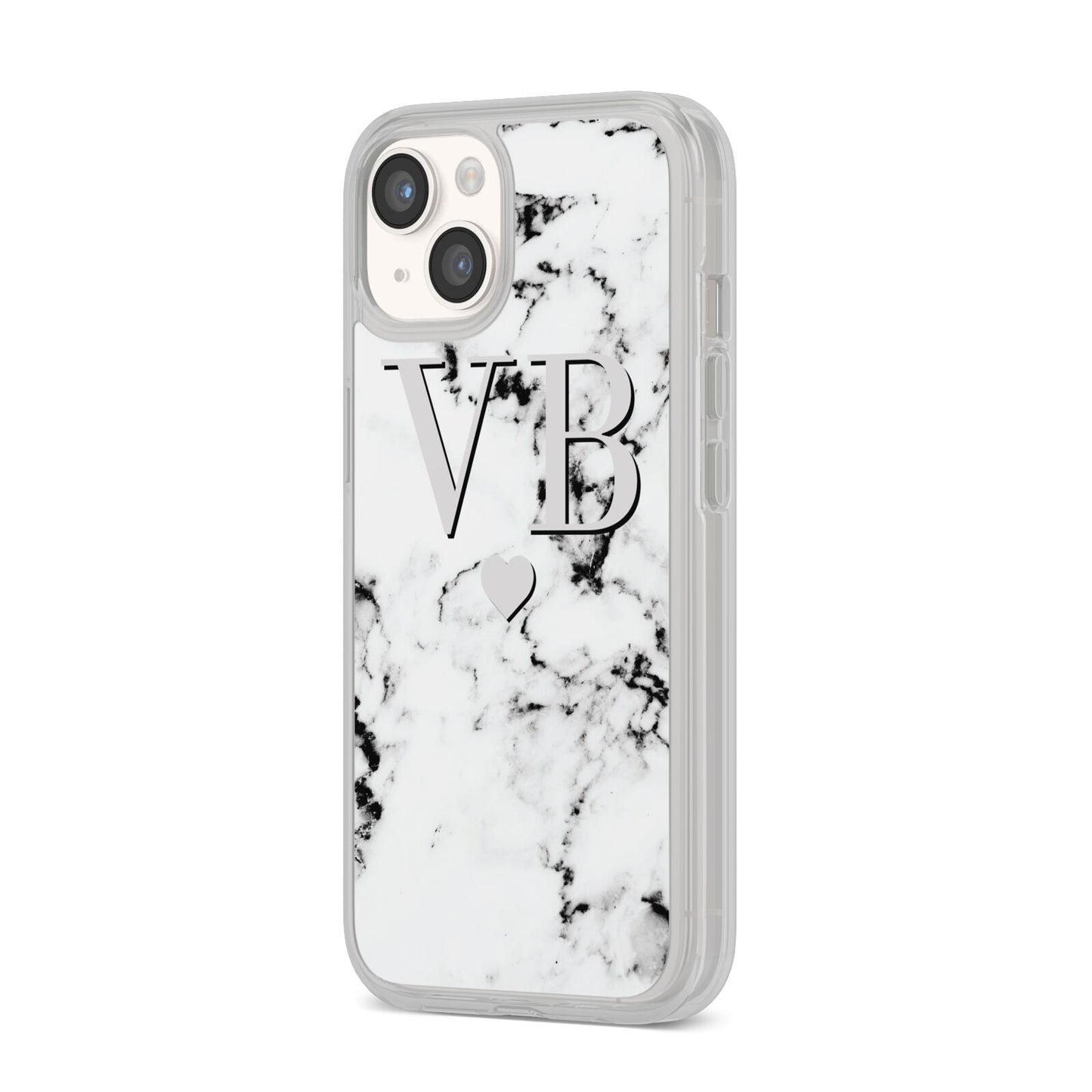 Personalised Grey Initialed Marble Heart iPhone 14 Clear Tough Case Starlight Angled Image